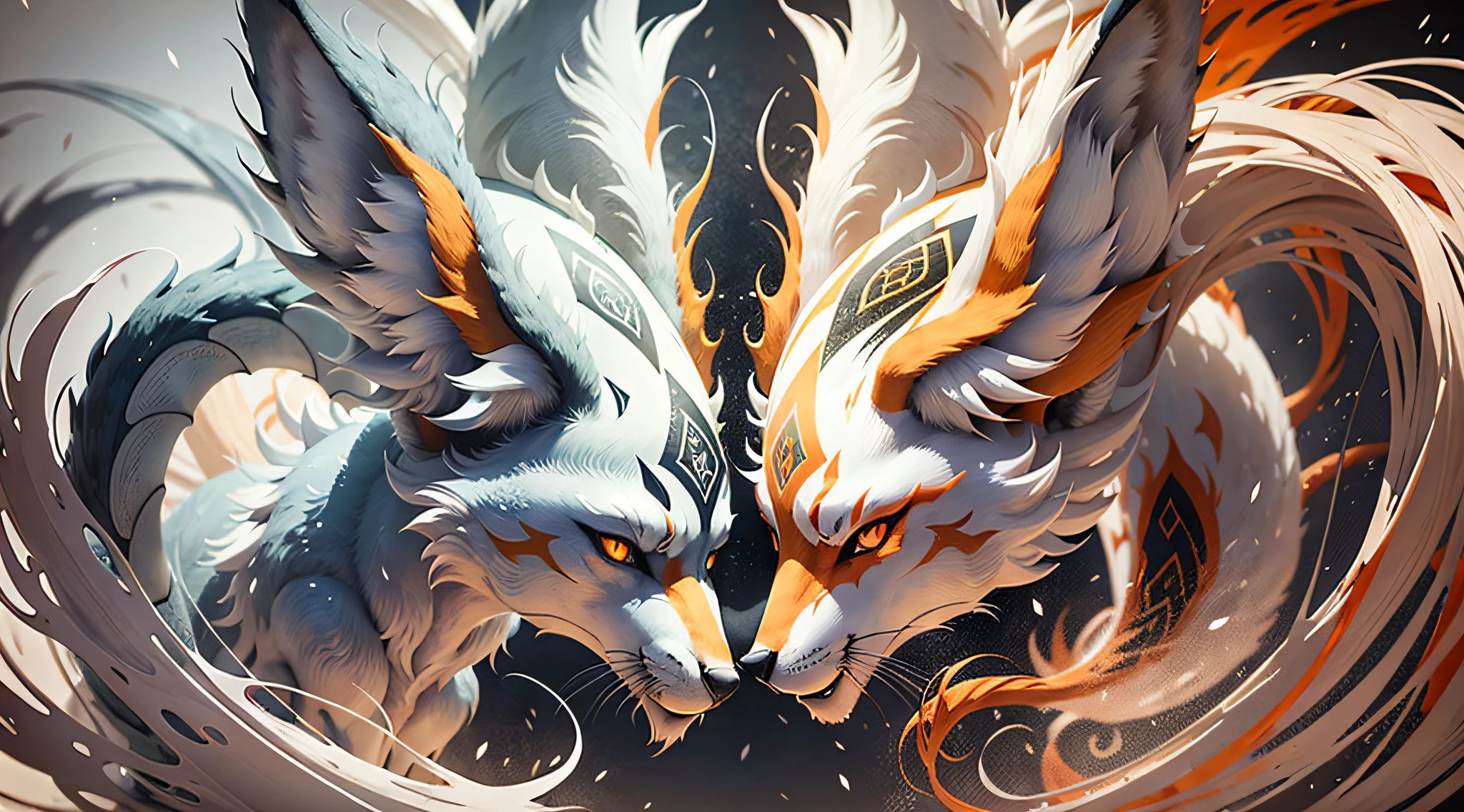 Nine Tails, a fox with a white body, multiple white tails, the tail diverges upward, abstract art with a dragon motif on his body, John McKinst, mysterious academia, fantasy, art printmaking, realistic, surreal