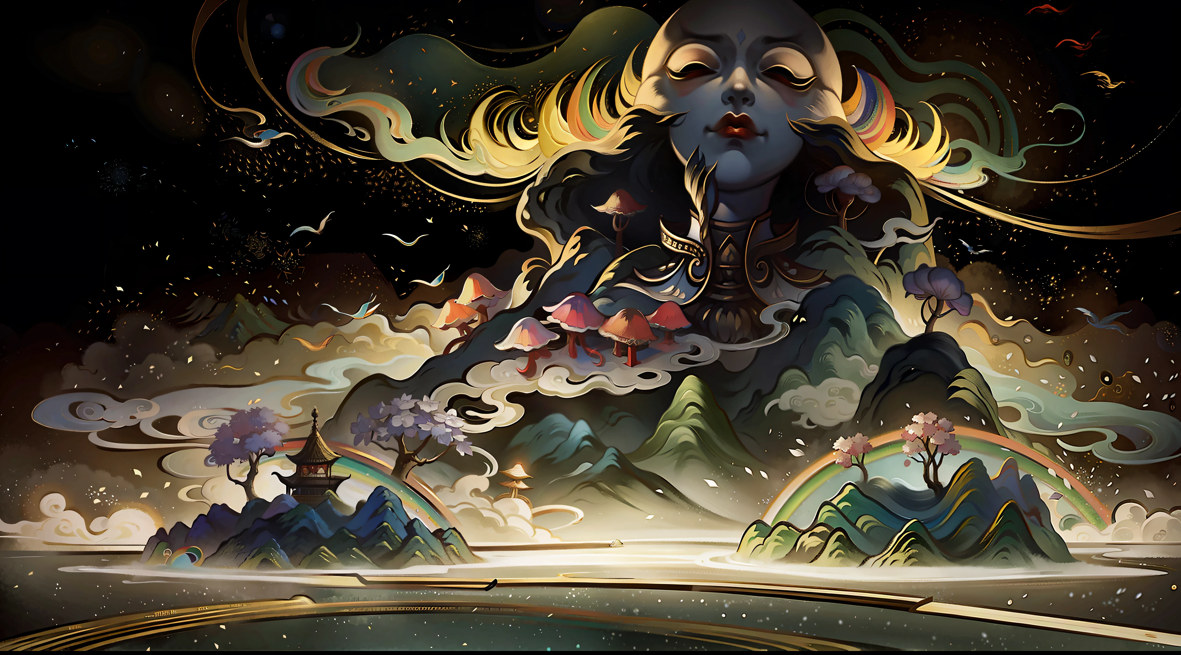 An ancient Chinese painting, ancient Chinese background, mountains, rivers, auspicious clouds, pavilions, sunshine,(psychedelic details),(mushrooms),(rainbow),(trippy),(DMT),(Buddha),intricate details, more details, high details,masterpieces, super detail, epic composition, ultra HD, high quality, extremely detailed, official art, unified 8k wallpaper, Super detail, 32k -- v 6