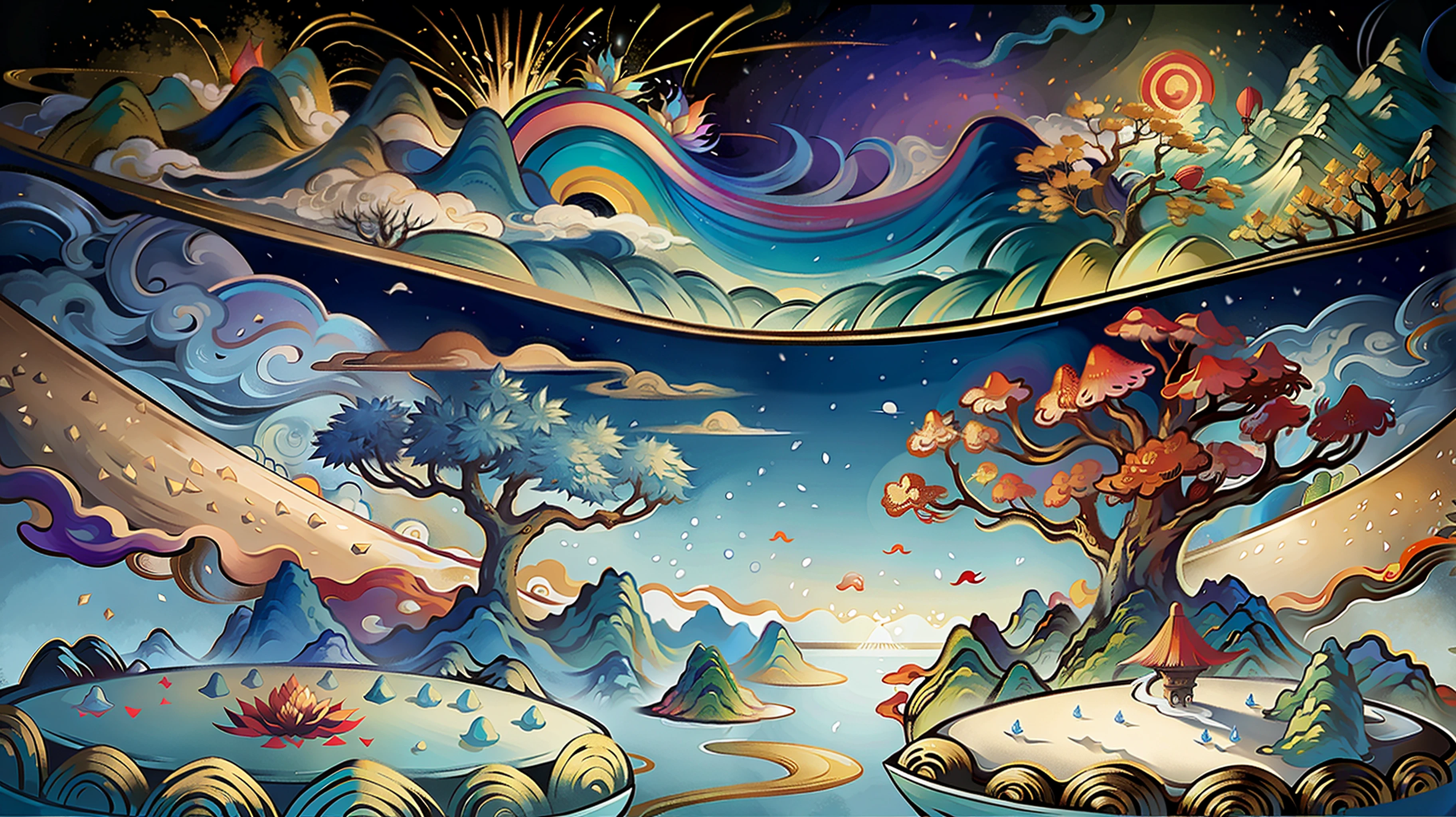 An ancient Chinese painting, ancient Chinese background, mountains, rivers, auspicious clouds, pavilions, sunshine,(psychedelic details),(mushrooms),(rainbow),(trippy),(DMT),(Buddha),intricate details, more details, high details,masterpieces, super detail, epic composition, ultra HD, high quality, extremely detailed, official art, unified 8k wallpaper, Super detail, 32k -- v 6