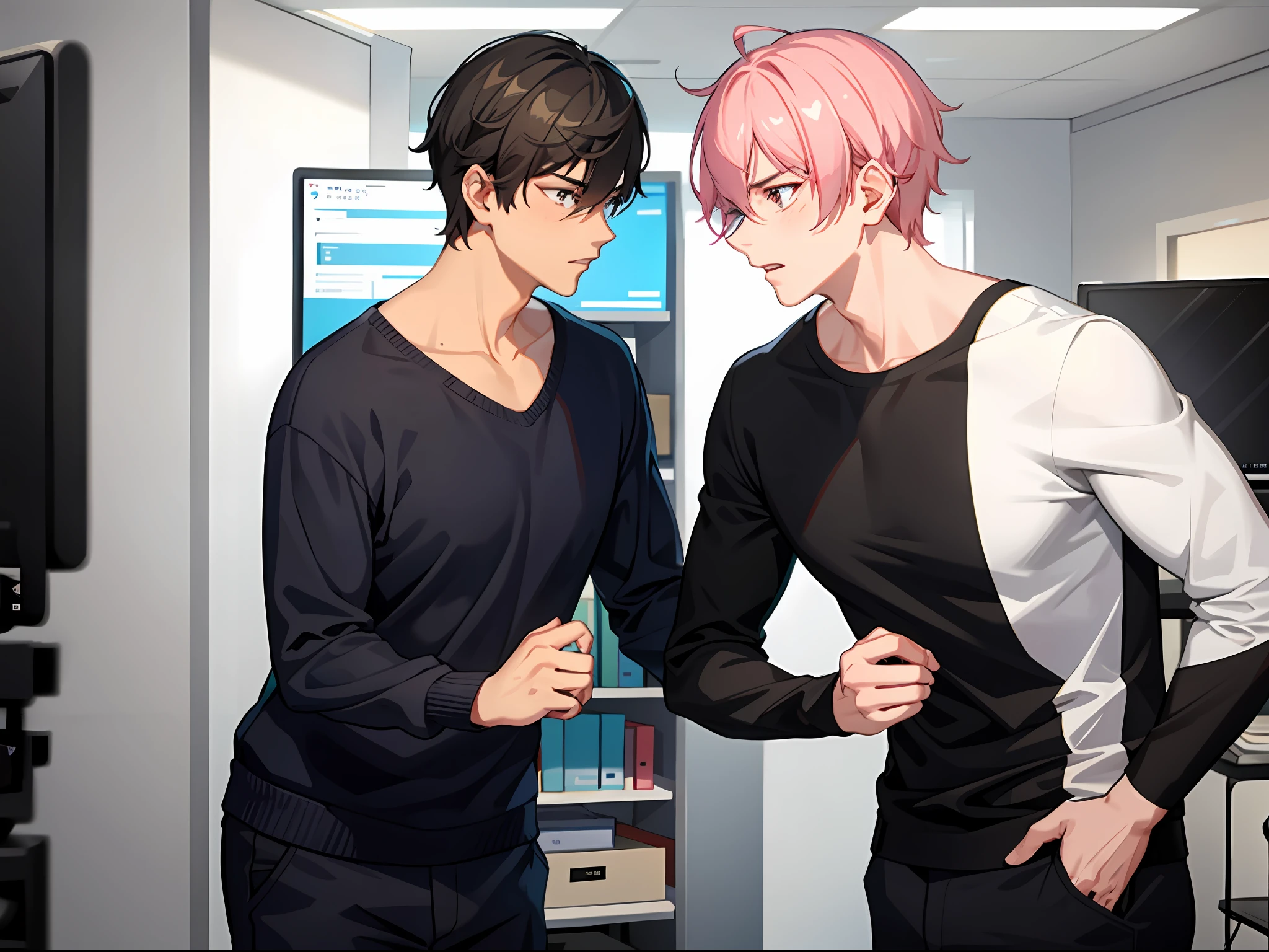 2 men in arguing, blushing, casual clothes, in the office