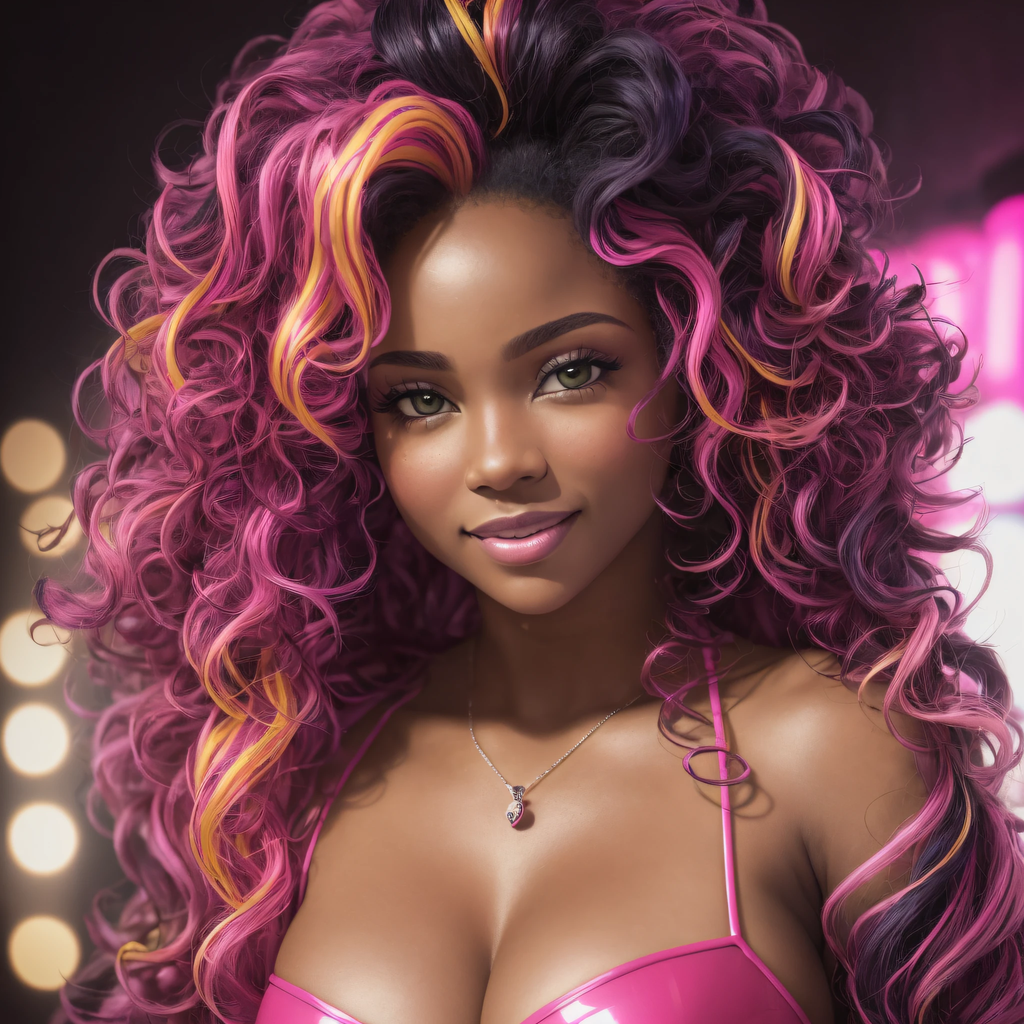 close-up portrait of a beautiful black young woman, curly hair (ErinNobodySD15), Large breasts, pressed lips (smile: 1.2) appearance (bright side light rim light: 1.2) deep dark shadows dramatic camera angle high-contrast color gradation (masterpiece: 1.2) (photorealistic: 1.2) (bokeh:1.2) (best quality) (detailed skin:1.3) (complex details) (8k) (HDR) (cinematic lighting) (sharp focus), large multicolored hair loose and wavy, neon lights in the background, pink latex clothing, --auto --s2