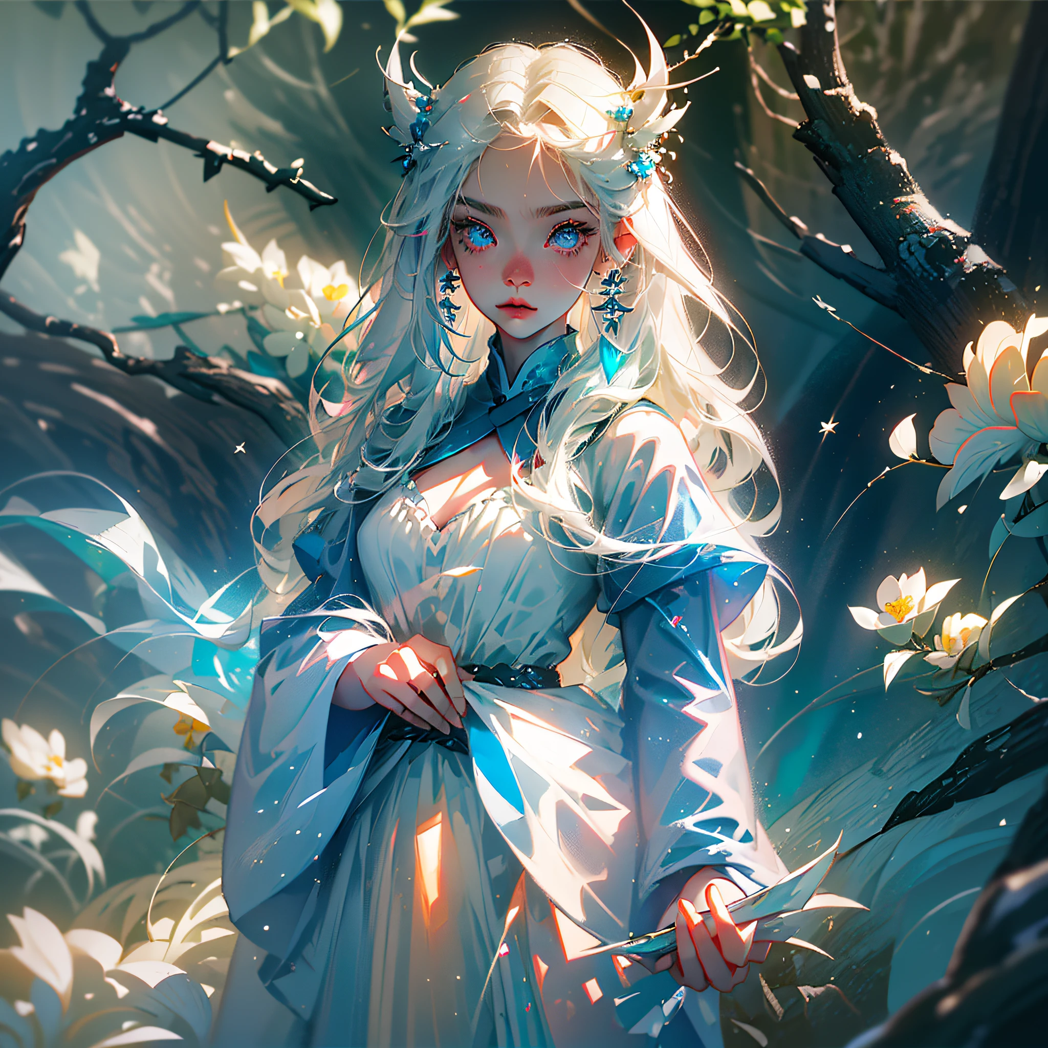 In a snowy warm winter, the rays of the sun gathered on the body of an 18-year-old beautiful girl, the girl's hair was silver-white, her eyes were as clear as emeralds, the blue and white robe covered the girl's figure, adding a bit of mystery to the girl's beautiful figure, snowflakes fell on her silver-white long hair, the girl's flushed face was extremely warm, highlighting a breath of fresh breath to the surrounding air, girl, breasts, moon, lantern, night, solo, room, hair ornament, wet, hanfu, chinese hanfu, wading, water, hair flower, flower, outdoor, sky, full moon, rain, white hair, blue eyes, not shoulders, mountain, cloud, holding, belt, bare shoulders, paper lantern, standing, red hanfu, night sky, side chest, belt, wet clothes, bangs, tree, from side, reflection, short hair, cloudy sky, wet hair (((masterpiece), (very detailed CG Unity 8k wallpaper), best quality, solo, 1girl, movie lighting, detailed background, beautiful detailed eyes, bright pupils, (very delicate and beautiful), (beautiful and detailed eye description), ultra-detailed, masterpiece,)), chinoiserie, --auto --s2