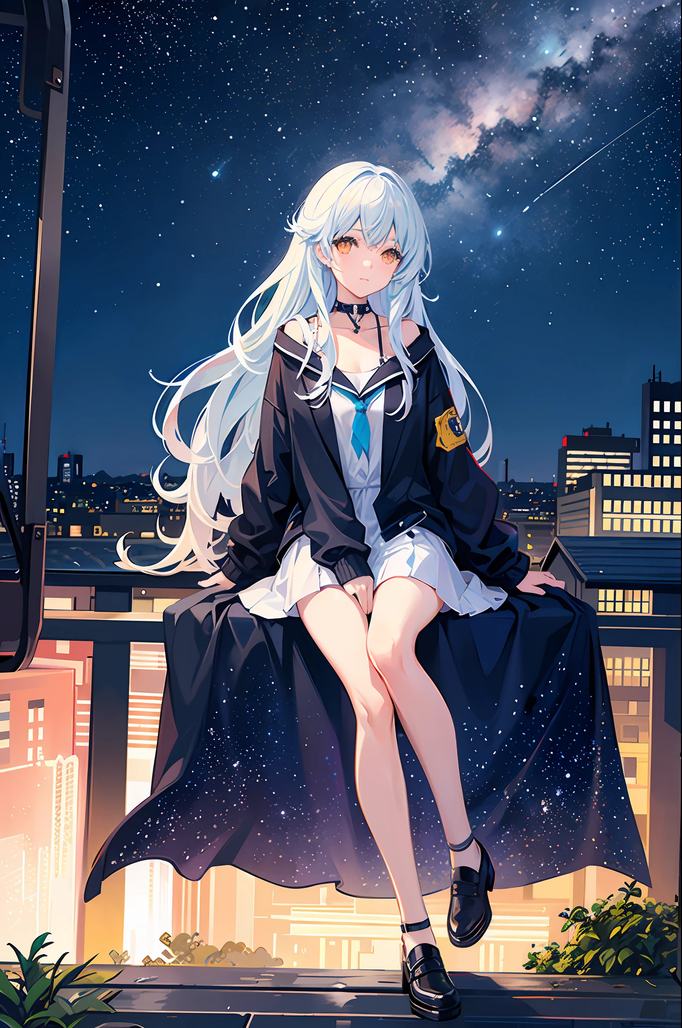 octans, sky, star (sky), scenery, starry sky, night, 1girl, night sky, solo, outdoors, building, cloud, milky way, sitting, tree, long hair, city, silhouette, cityscape