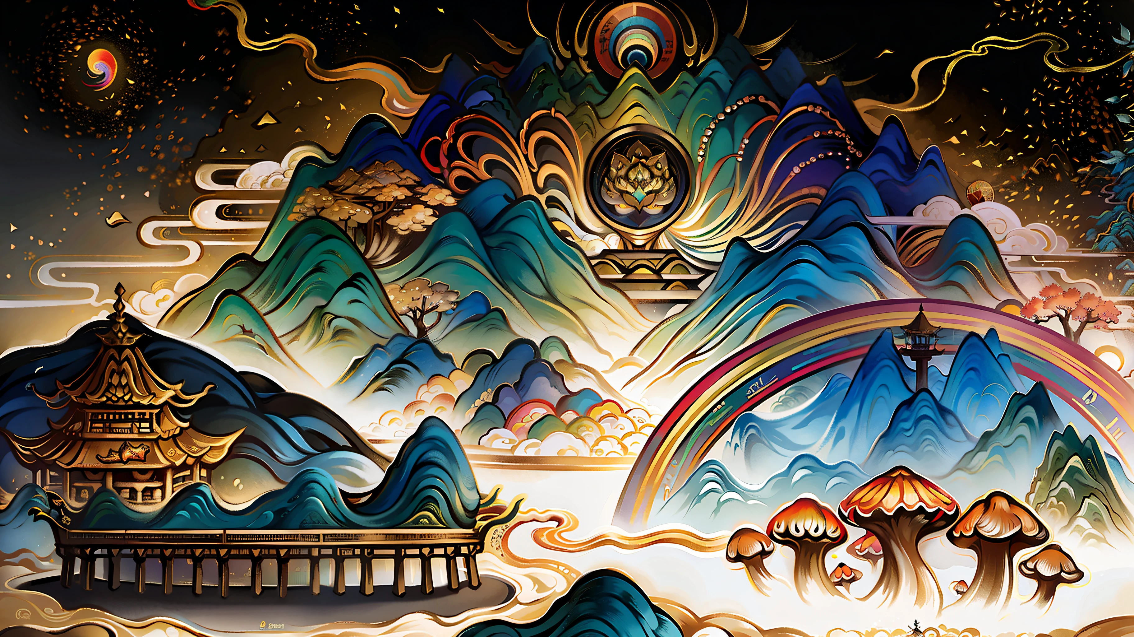 An ancient Chinese painting, ancient Chinese background, mountains, rivers, auspicious clouds, pavilions, sunshine,(psychedelic details),(mushrooms),(rainbow),(trippy),(DMT),(Buddha),intricate details, more details, high details,masterpieces, super detail, epic composition, ultra HD, high quality, extremely detailed, official art, unified 8k wallpaper, Super detail, 32k -- v 6
