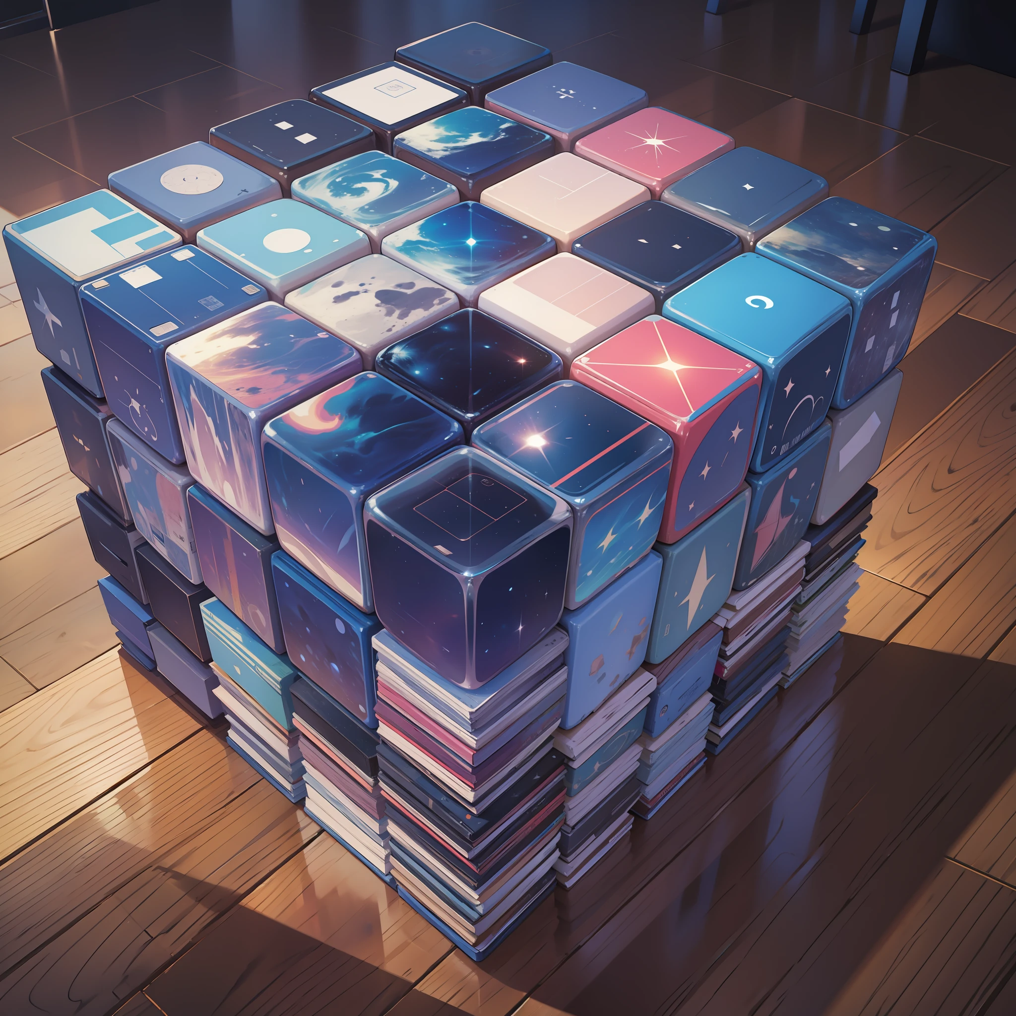 Universe in cube,on the table,various universe