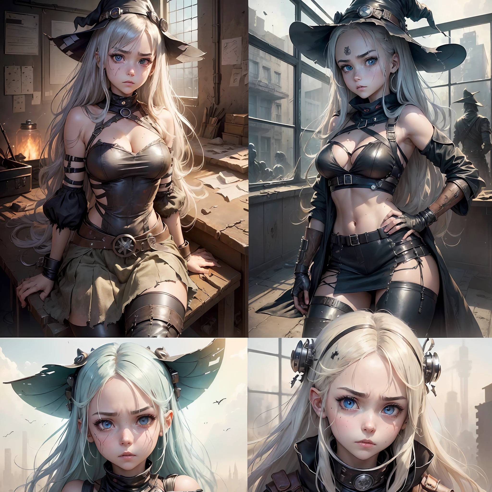 ((masterpiece))), (((best quality))), ((ultra-detailed)), ((highly detailed CG illustration)))), ((extremely delicate and beautiful face)),(masked ), cinematic light, absurd clothes, ung girl, ( (character sheet)), concept art, ((full height)), (masterpiece: 1.2), (best quality: 1.3), (single background, white background: 1.3),( CHARACTERS OF THE POST-APOCALYPTIC WORLD OF WASTELANDS)))), (( Characters WANDERERS RAIDERS)), ( MAD MAX concepts))))), (( beautiful face)), (( quality face)), (((beautiful anime eyes of characters))) , ( high-quality anime eyes of characters), (((high-quality anime pupils)), (beautiful anime pupils)), (( beautiful shape of anime eyes)), (( beautiful shape of anime pupils)), (( all faces with anime eyes)), ( simple anime eyes of characters)))), (bare skirt),(( very erotic pose))) , (( post-apocalyptic wastelands)))) frenzied, bright hair, old clothes atmosphere of the post-apocalyptic world, (((( extremely embarrassed face))), (( covers the body)) , ((( extremely embarrassed face))),(surprised eyebrows),(sad eyebrows),(evil eyebrows),( character of the post-apocalypse world))))( maximum torn clothes ), ( the universe of the post-apocalyptic world) ,(excited face)))), ((comic)),((background in school))), ((background of the desk))), ((background of large windows)), (witch costumes))), ((witch hat)), (long skirt)))), ((leather pants))) --auto --s2