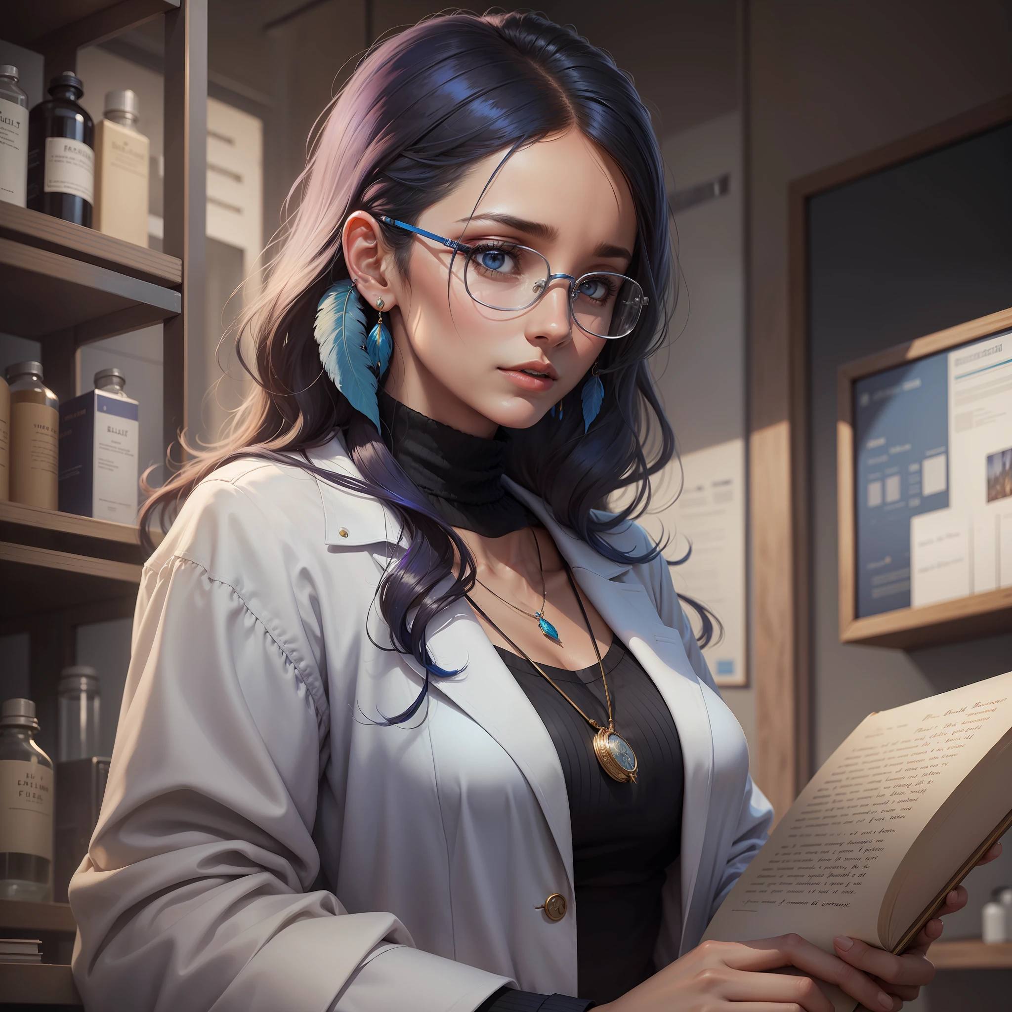 A female scientist who reads poetry in the laboratory with blue feather earrings in one ear Oil painting style French intellectual woman Highly educated Smart masterpiece High quality Extremely real light and shadow Serious
