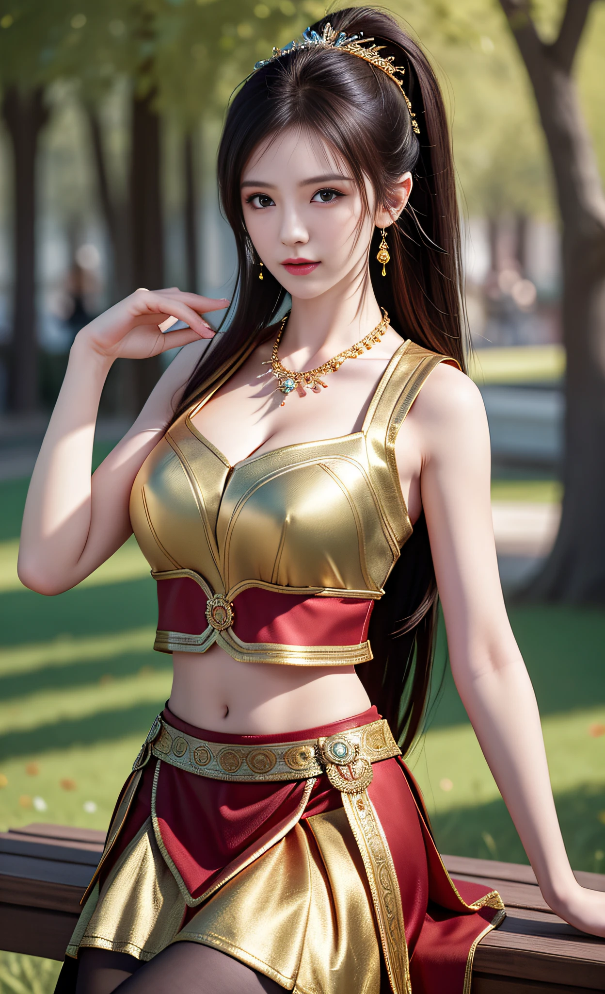 Best Quality, Masterpiece, High Resolution, 1 Girl, Red Metallic Bikini Armor, Cuirass Gold Pattern, Porcelain Skirt, Hair Accessories, Necklace, Jewelry, Beautiful Face, Physics, Tyndall Effect, Realism, Dark Studio, Edge Lighting, Two-tone Lighting, (High Detail Skin: 1.2), 8k UHD, DSLR, Soft Light, High Quality, Volumetric Light, Voyeur, Photograph, High Resolution, 4K, 8K, Background Bokeh Best Quality, Masterpiece, High Resolution, 1 Girl, Red Metal Bikini Armor, Cuirass gold pattern, porcelain skirt, hair accessories, necklace, jewelry, beautiful face, physics, Tyndall effect, realistic, dark studio, edge lighting, two-tone lighting, (high detail skin: 1.2), 8k uhd, DSLR, soft light, high quality, volumetric light, candid photo, high resolution, 4k, 8k, forest background, horseback riding, ponytail hair