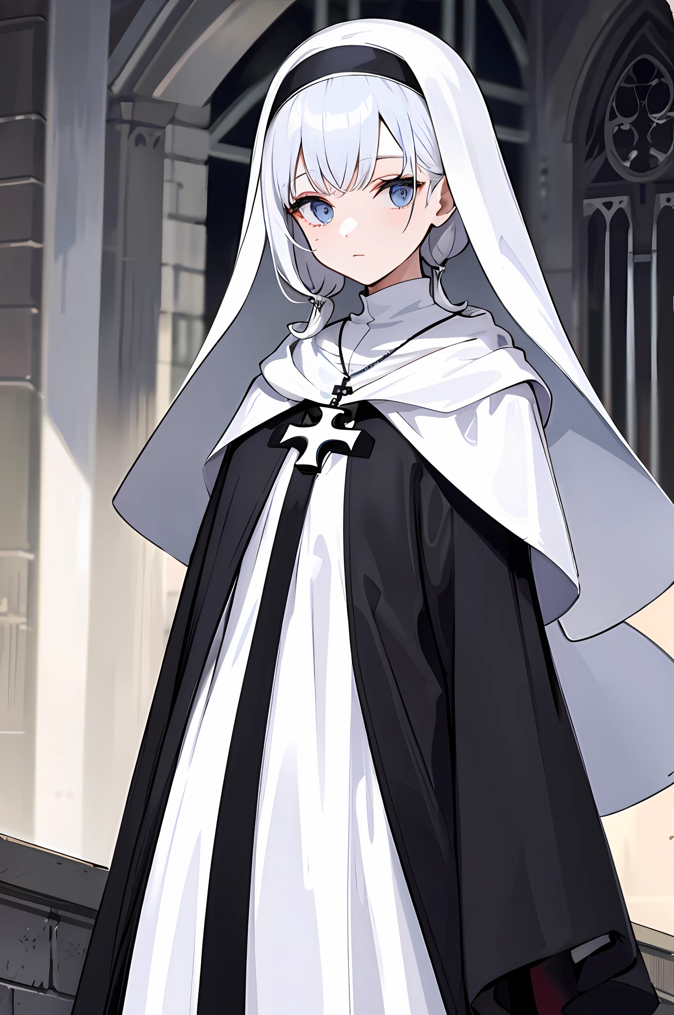 White nun dress, cross necklace, black cloak