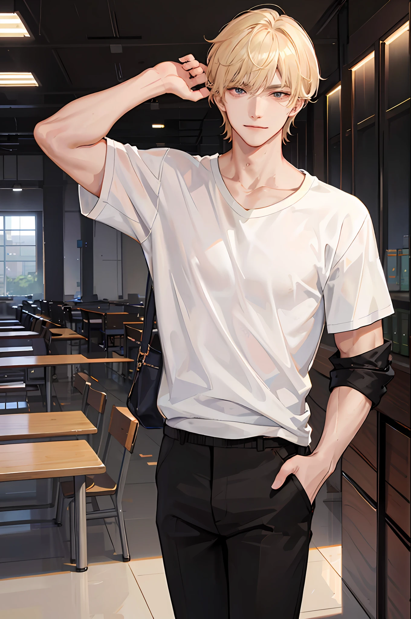 1boy, [detailed background (campus, college, library)], blond hair, blond hair, short blond hair, korean hairstyle, lean and muscular male, alpha male, masculine male, ((man wears a white loose t-shirt, tucked in t-shirt, black trousers)), correct limbs, correct anatomy, handsome, Eye details, beautiful eyes, delicate eyes, dark red eyes, broad chest, broad shoulders, tiny waist, long legs, smirking