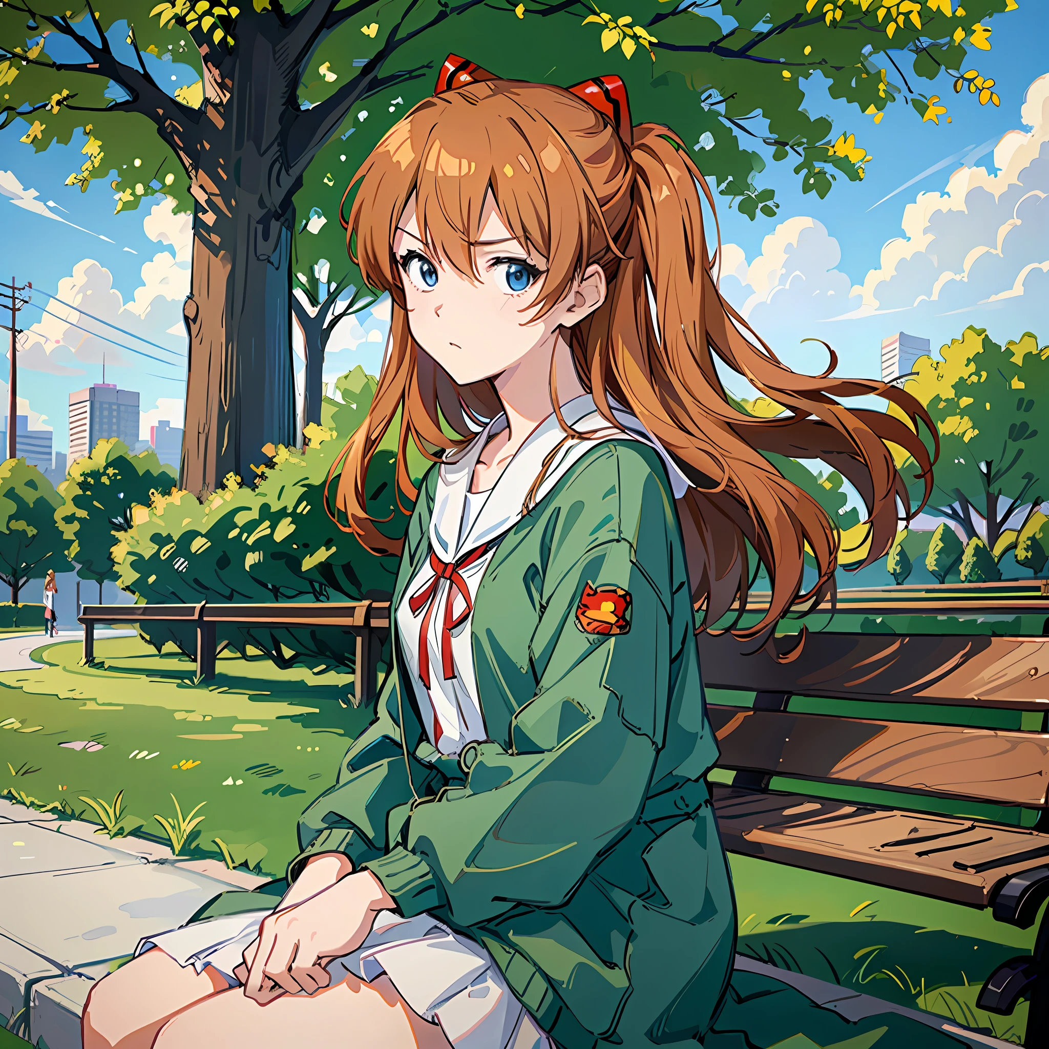 (Masterpiece, best quality), Asuka, 1 girl, hair fluttering in the wind, tsundere expression, wallpaper, park background, wink, white dress, sitting on a park bench, close-up, character in the middle, warm tone, minimalist, --v6