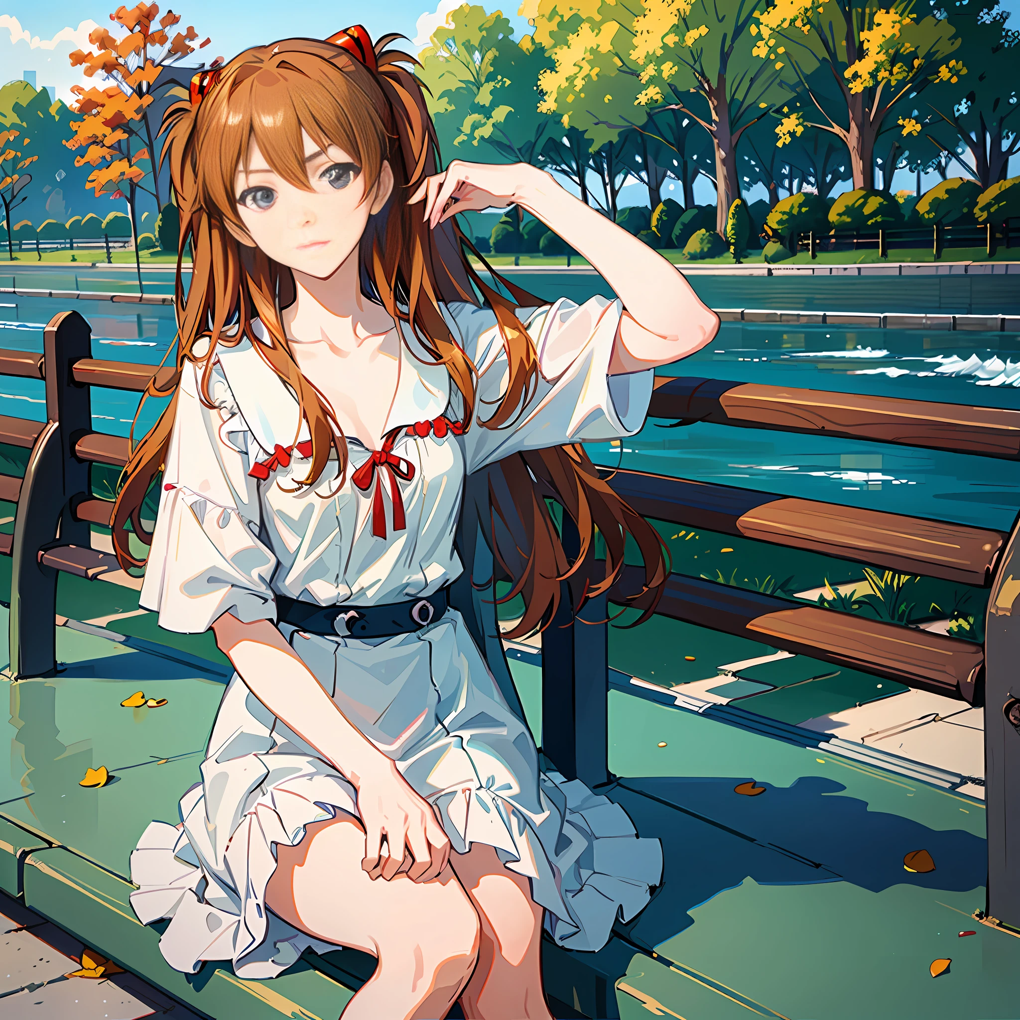(Masterpiece, best quality), Asuka, 1 girl, hair fluttering in the wind, tsundere expression, wallpaper, park background, wink, white dress, sitting on a park bench, close-up, character in the middle, warm tone, minimalist, --v6
