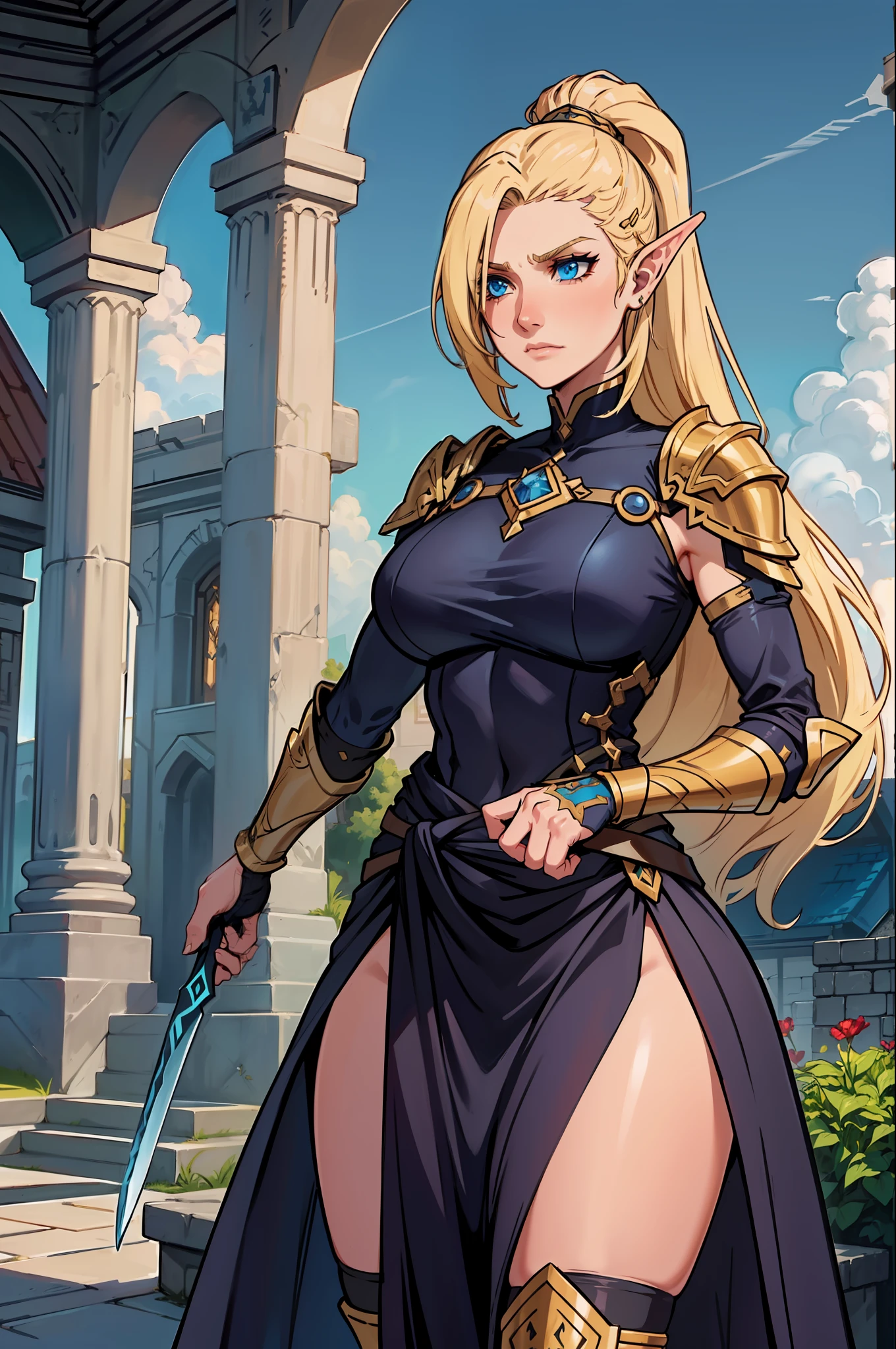 The protagonist is a female warrior with long blonde hair that flows down to her waist, adding an air of majesty to her appearance. His eyes, a deep and bright blue, convey (determination) and (courage) unwavering. A remarkable scar adorns his nose, showing the challenges faced in past battles. His ears, with delicate tips, indicate his elven lineage, giving him a touch of (magic) and (mystery).
The warrior is dressed in full armor, made of a shiny, sturdy metal that protects every part of her body. The armor is (in detail crafted), with intricate designs adorning the chest, shoulders, and knee pads. A fluttering reddish-gold cape, strapped to her shoulder, adds an elegant and imposing touch to her figure.
The warrior is positioned in an intrepid fighting pose, deftly wielding an imposing sword in her hand. The blade is polished and shiny, with (striking engravings) telling stories of past victories. Her fists are clenched with (determination), ready to face any opponent bold enough to challenge her.
The image conveys a feeling of (heroism), (strength) and (graciousness). The meticulous details and attention to the character's anatomy and armor crafting elevate the image to a level of visual (perfection).