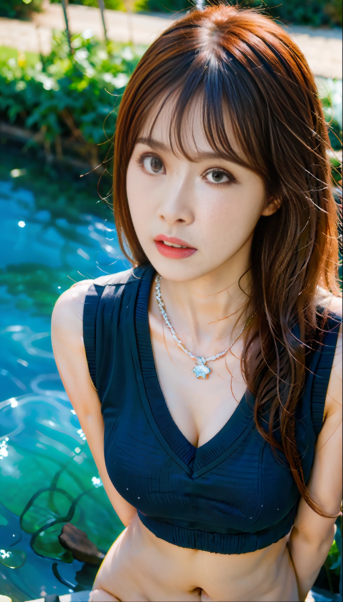 Eurora, 1 Girl, Solo, Realistic, Best Quality, Nikon RAW Photo, 8k, Fujifilm XT3, Masterpiece, Ultra High Resolution, HDR, 8k Resolution, Shoot, (Realistic: 1.4), (Realistic Wet Skin: 1.2), (22yo: 1.3), Detailed Eyes, Long Hair, (Light Brown Hair: 1), Close Up Portrait, Standing, Beautiful Blue Sky, Disgusted Expression, Necklace, Black Vest, Surrounded by a Sea of Grass, (NSFW: 1.5)