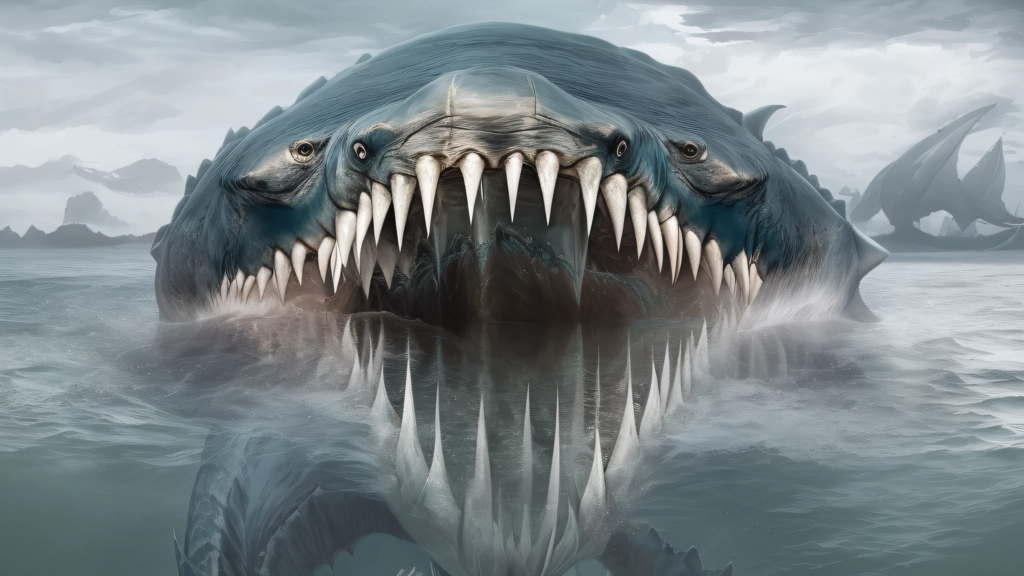 arafed shark with large teeth and sharp teeth in the water, ocean giant creature bloop, great leviathan turtle, serpentine water monster, scary sea monster, crocodile - like teeth, swamp monster of ice, huge creature, sea monster, gigantic creature, humanoid turtle monster, sea monster looks like ship, underwater sea monster, giant teeth