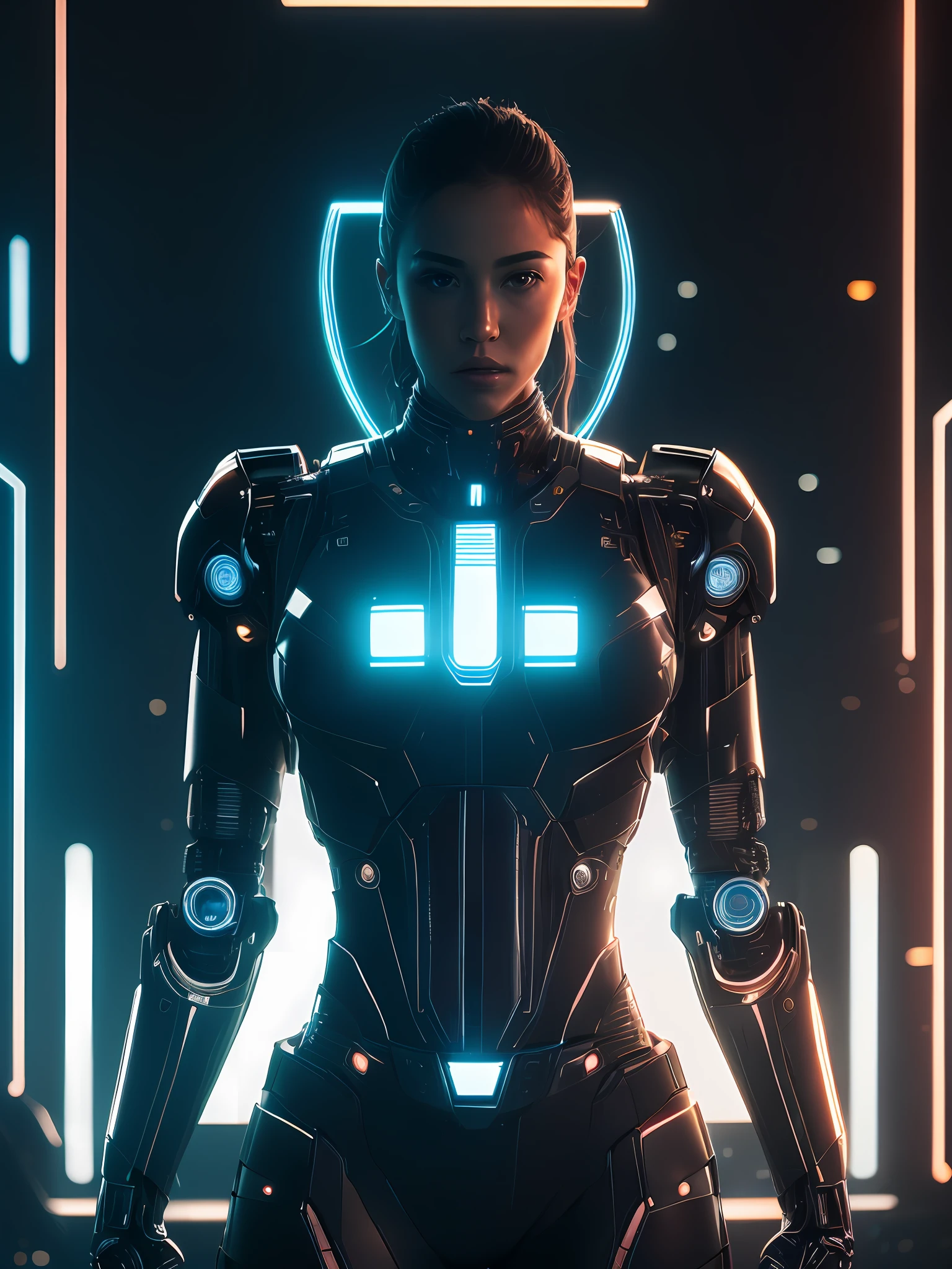 a [silhouette of woman's body: (fiber optics:1.3) : 0.3], complex, cyborg, robotic parts, futuristic interior background, cinematic, fine details, 8k, dark shot, soft volumetric lights, backlit, cinematic, intricate details, ArtStation,brutal,muscular.