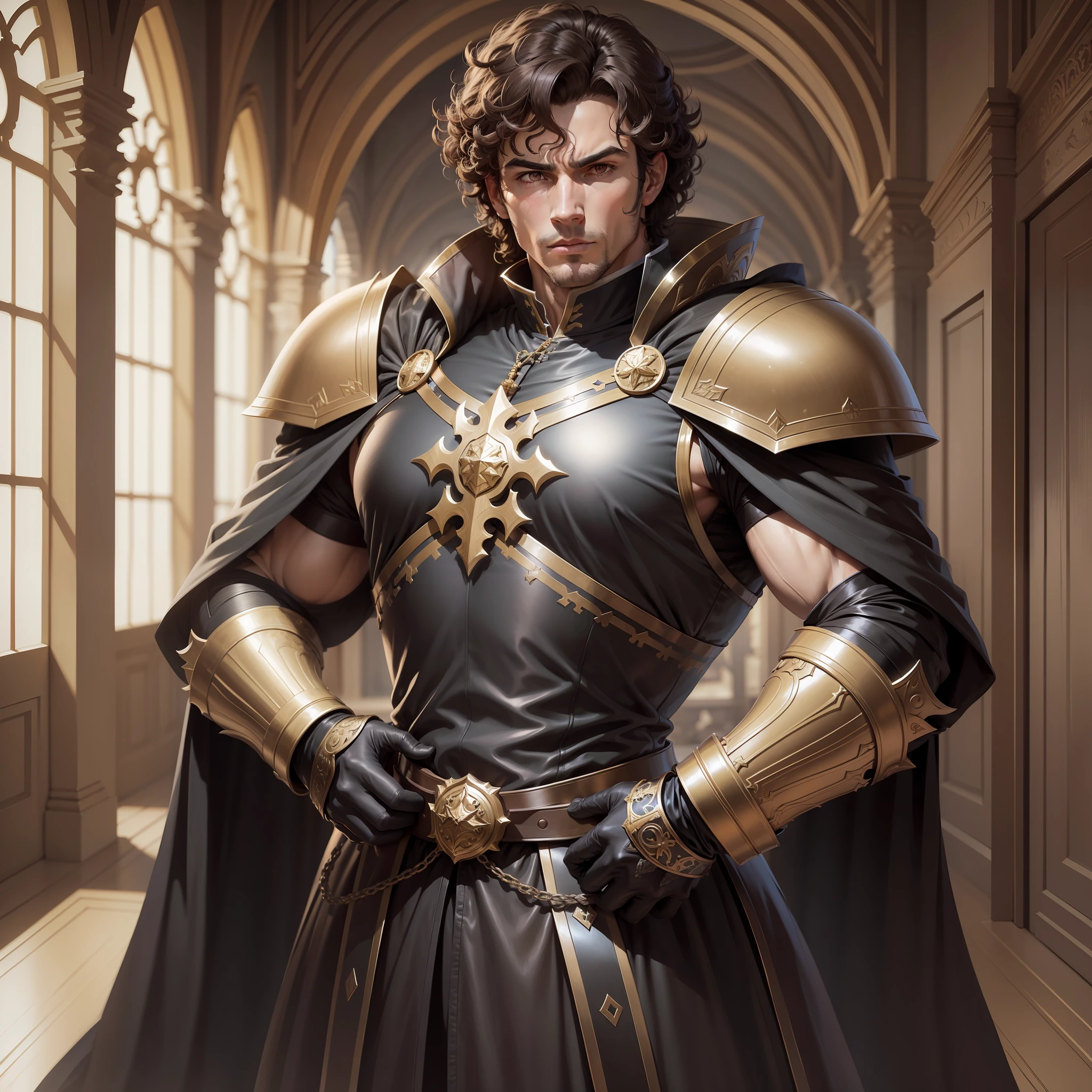 Realistic image of a strong, brunette man, curly hair, dressed in black cleric's costumes with shoulder pads, anime character style art, combat posture in a hallway of a royal palace, determined expression
