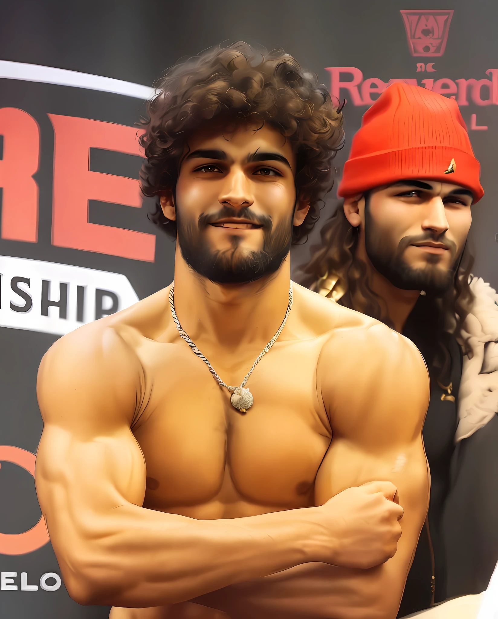 there is a man with a beard and a red hat posing for a picture, ben askren, enes dirig, sayem reza, mohamed chahin, in a menacing pose, saadane afif, cover shot, taken in the early 2020s, riyahd cassiem, exaggerated physique, macho pose, big shoulders