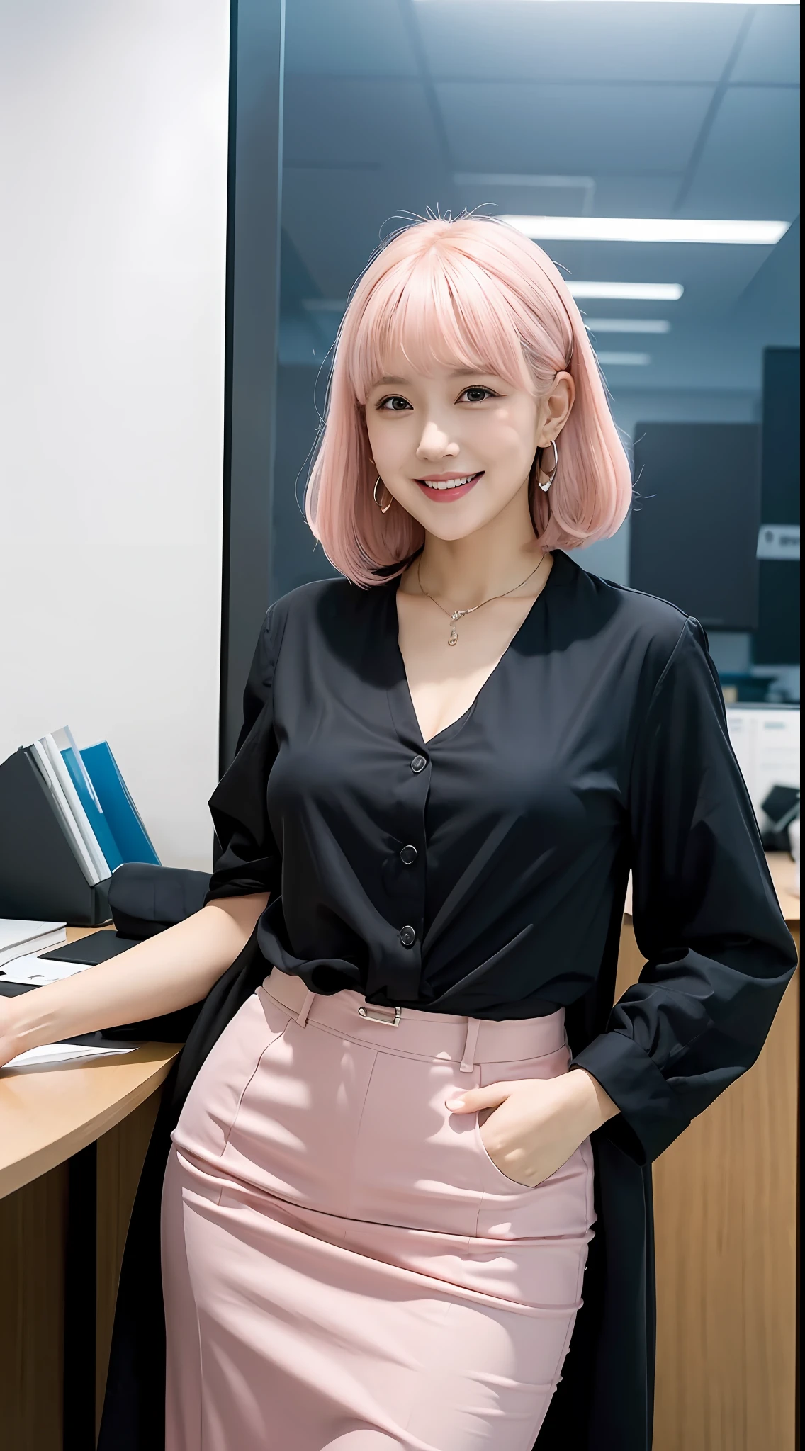 ((masterpiece, best)),(1girl),((mature woman)), light pink hair, dizzy, trumpet, ((office lady)), bangs, mid-chest, (full), slim, smiling, [wide hips] , office, standing, aru \(blue archive\),