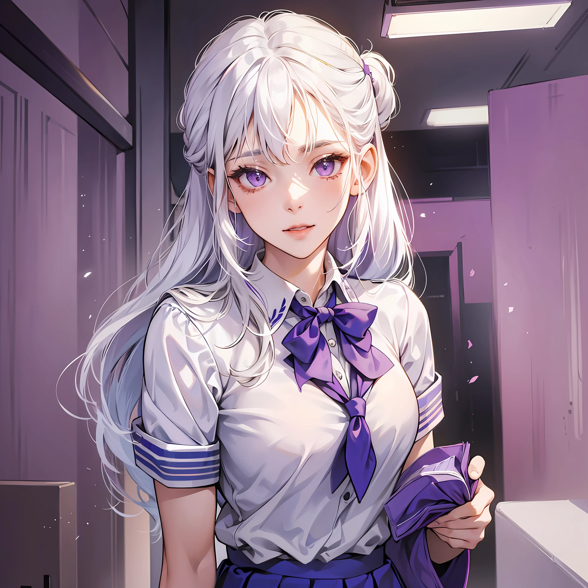 girl with a pretty face, white hair, purple eyes,(((sexy school uniform))), wearing a stylish very sexy school uniform, with a funny expression on her face. --auto --s2