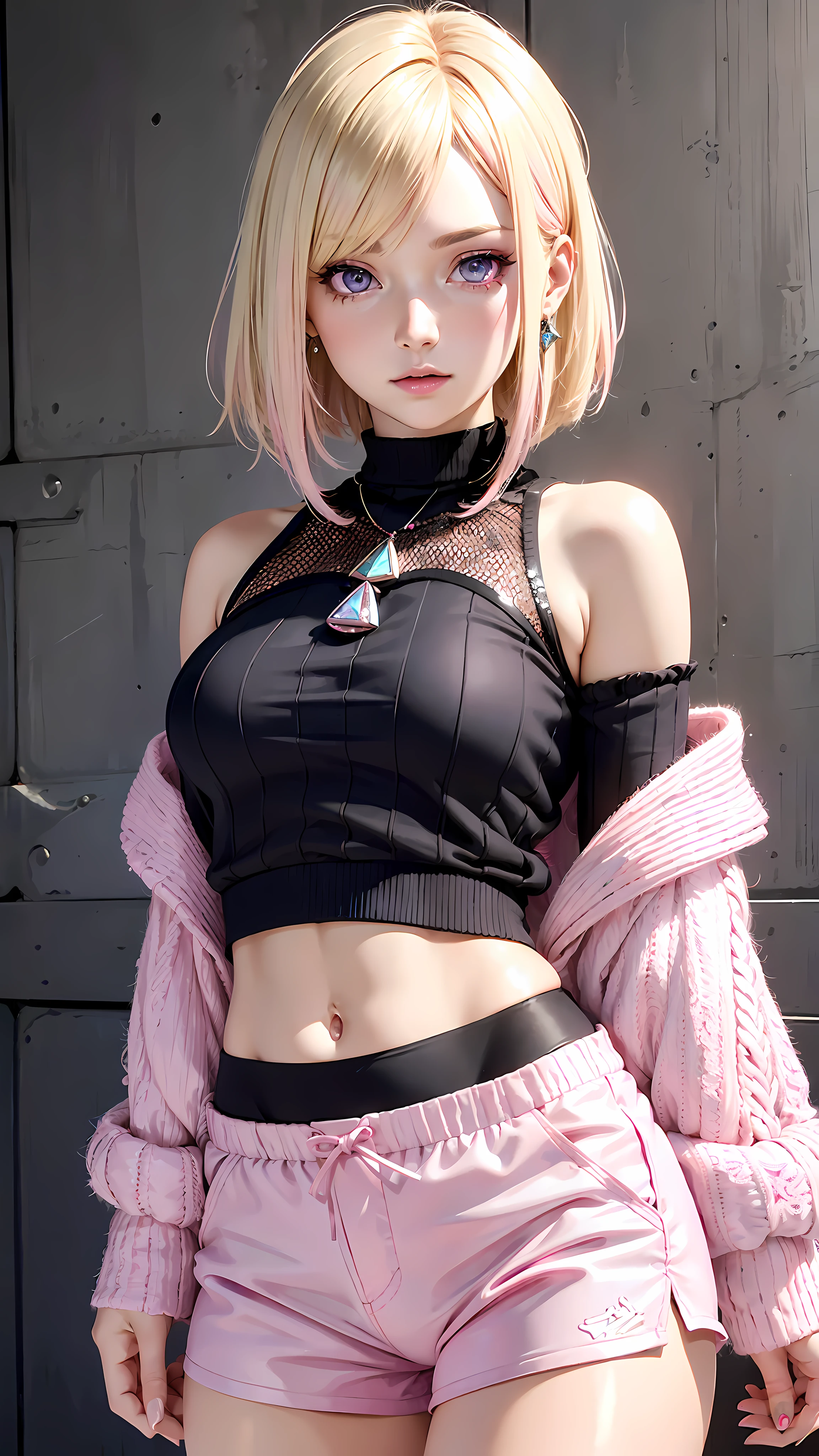 Realistic, Hyper Detail, Girls Only,17yo, Dynamic Lighting, (Glossy skin: 1.5), Masterpiece, Top Quality, Absurdity, one side cut layered bob,((Blonde to pink Hair:1.3), ((purple Eyes)),((detailed eyes, jewel-like eyes:1.3)) , seductive cute girl, beautiful alluring teen, attractive girl, beautiful girl, beautiful sexy girl, sexy girl, black drop shoulder mesh knit pullover and pink short pants, beautiful artwork, fine detail, best girl, detailed digital art, looking_at_viewer, navel, ((frightened))