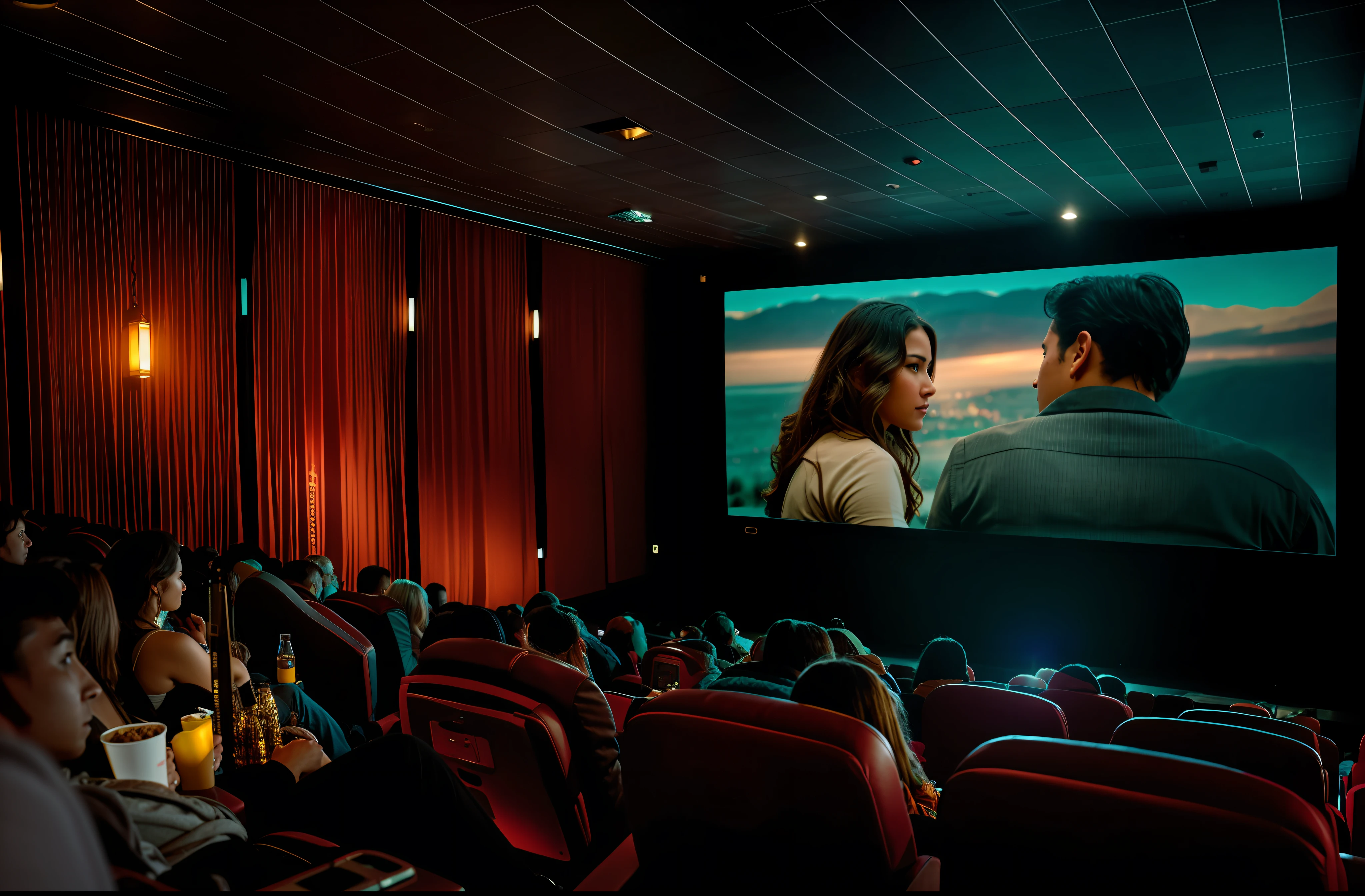 people watching a movie on a large screen in a theater, sitting in a movie theater, in a cinema, photo of the cinema screen, award-winning cinema, cinematic flavor, cinematic screen, expansive cinematic view, cinema, in a movie still cinematic, cinema still, movie, cinematic movie image, cinematic view!!!, cinematic view, with people watching in wonder