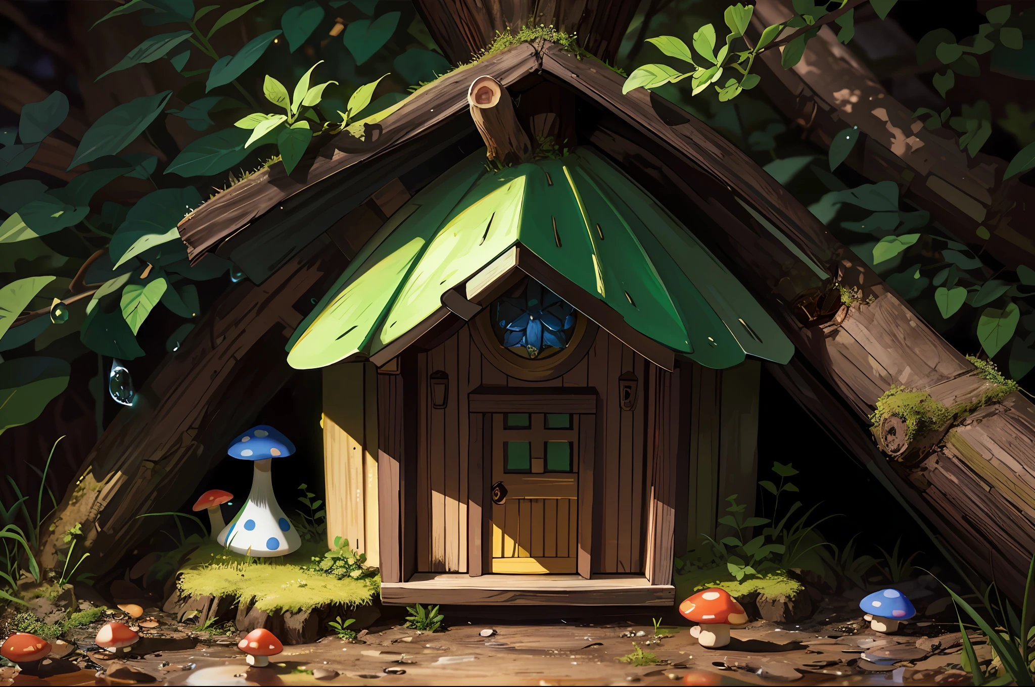 masterpiece, macro photograph of a tiny gnome house in a forest, dusk, mushrooms, dewdrops, high contrast, studio ghibli style, highly intricate, highly detailed, photorealism style