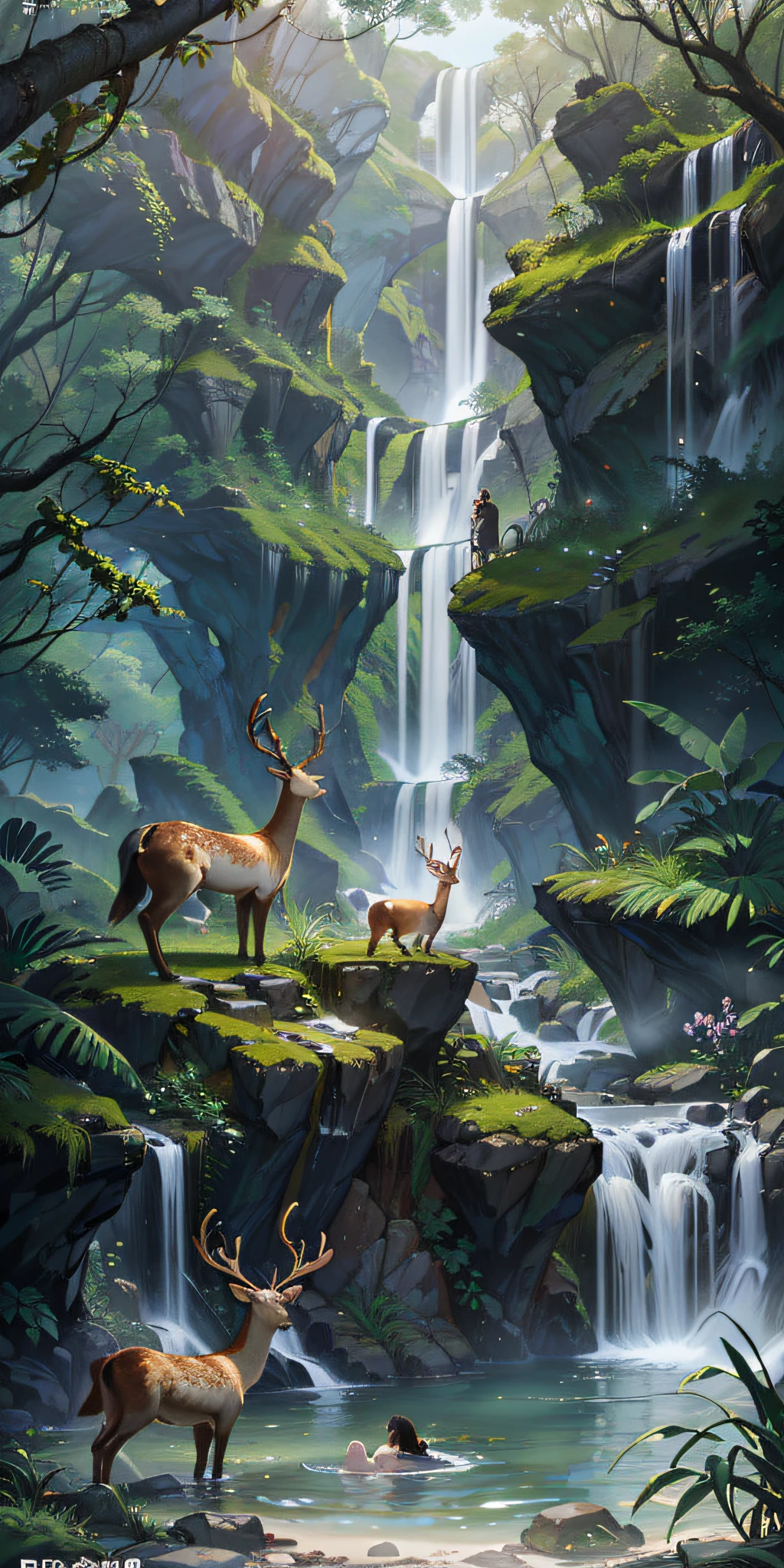 Chinese ancient times, spring, jungle, lake, cave, waterfall, tree, meadow, rock, deer, hot spring, water vapor, (illustration: 1.0), epic composition, realistic lighting, HD details, masterpiece, best quality, (very detailed CG unified 8k wallpaper) --auto --s2