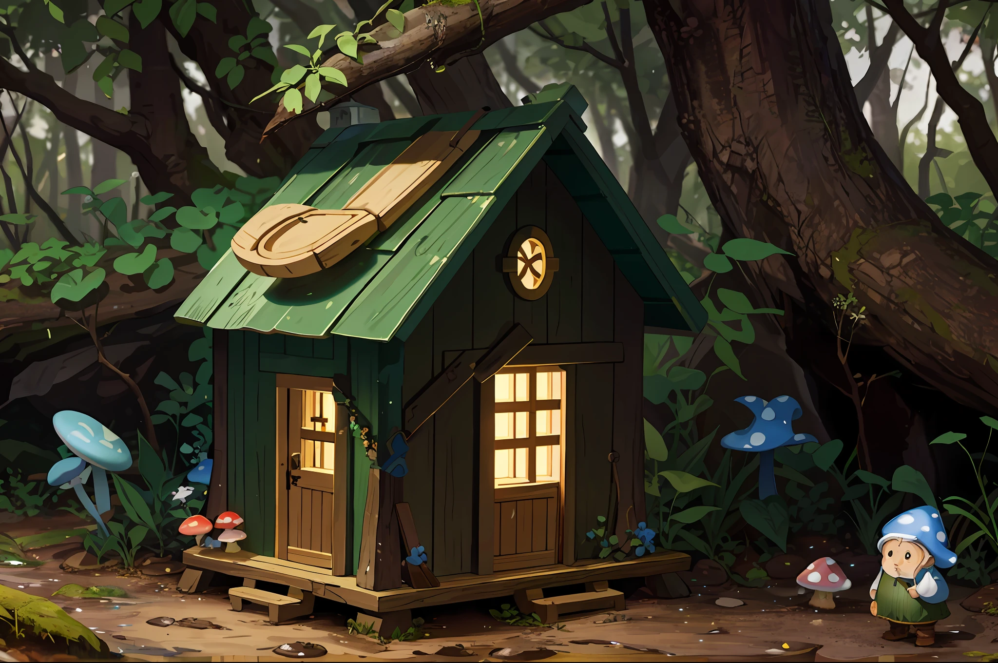 masterpiece, macro photograph of a tiny gnome house in a forest, dusk, mushrooms, dewdrops, high contrast, studio ghibli style, highly intricate, highly detailed, photorealism style