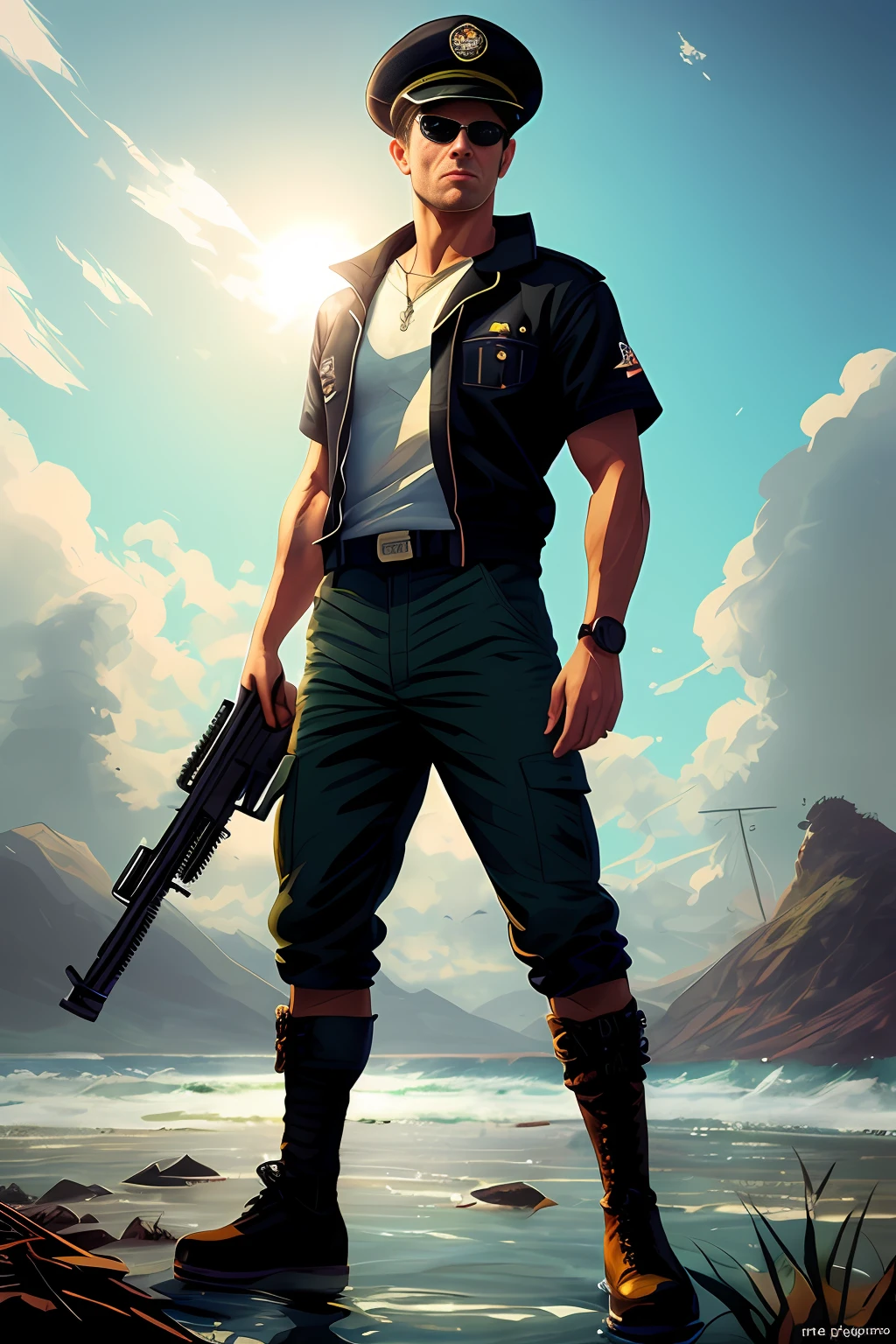 Drawing a tall man extremely strong, with the muscles all visible, making bad face, lifting a lot of weight, wearing leather boots and shorts, very tall , extremely high, extremely realistic, aovponto to look like a photo