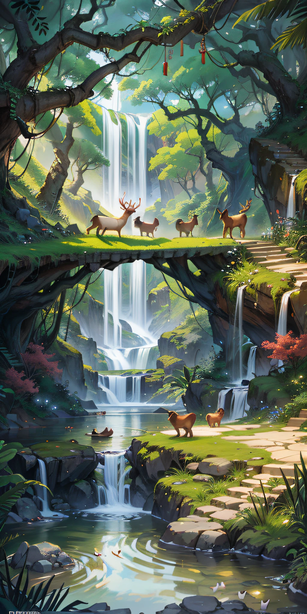 Chinese ancient times, spring, jungle, lake, cave, waterfall, tree, meadow, rock, deer, hot spring, water vapor, (illustration: 1.0), epic composition, realistic lighting, HD details, masterpiece, best quality, (very detailed CG unified 8k wallpaper) --auto --s2