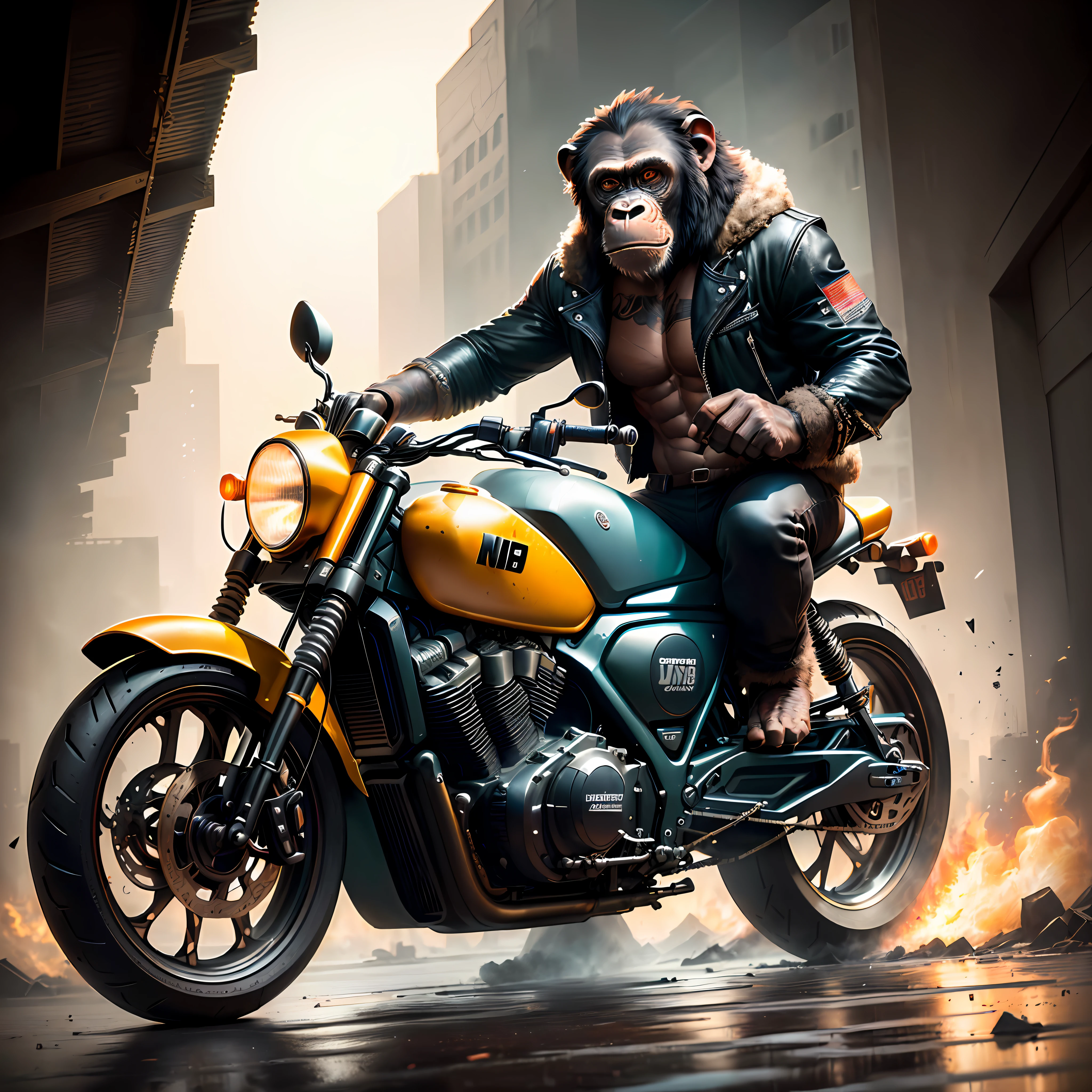 Masterpiece, (Super Detailed), (Animal Anthropomorphism), Gangster Theme, Chimpanzee, Jacket, Dim Light Motorcycle Riding, Tattoos, Machine Gun, Smoke, Shadows, Destroyed Cityscape, Highest Quality, Solo Focus, (lean: 1.04), muscular man, full body, intricate.， Lee Jeffries Nikon d850 film stock photography 4 camera kodak portra 400 f1.6 lens rich colors hyper realistic realistic texture dramatic lighting unreal engine trends on artstation cinestill 800 (vignette: 1.3), Filmgrain