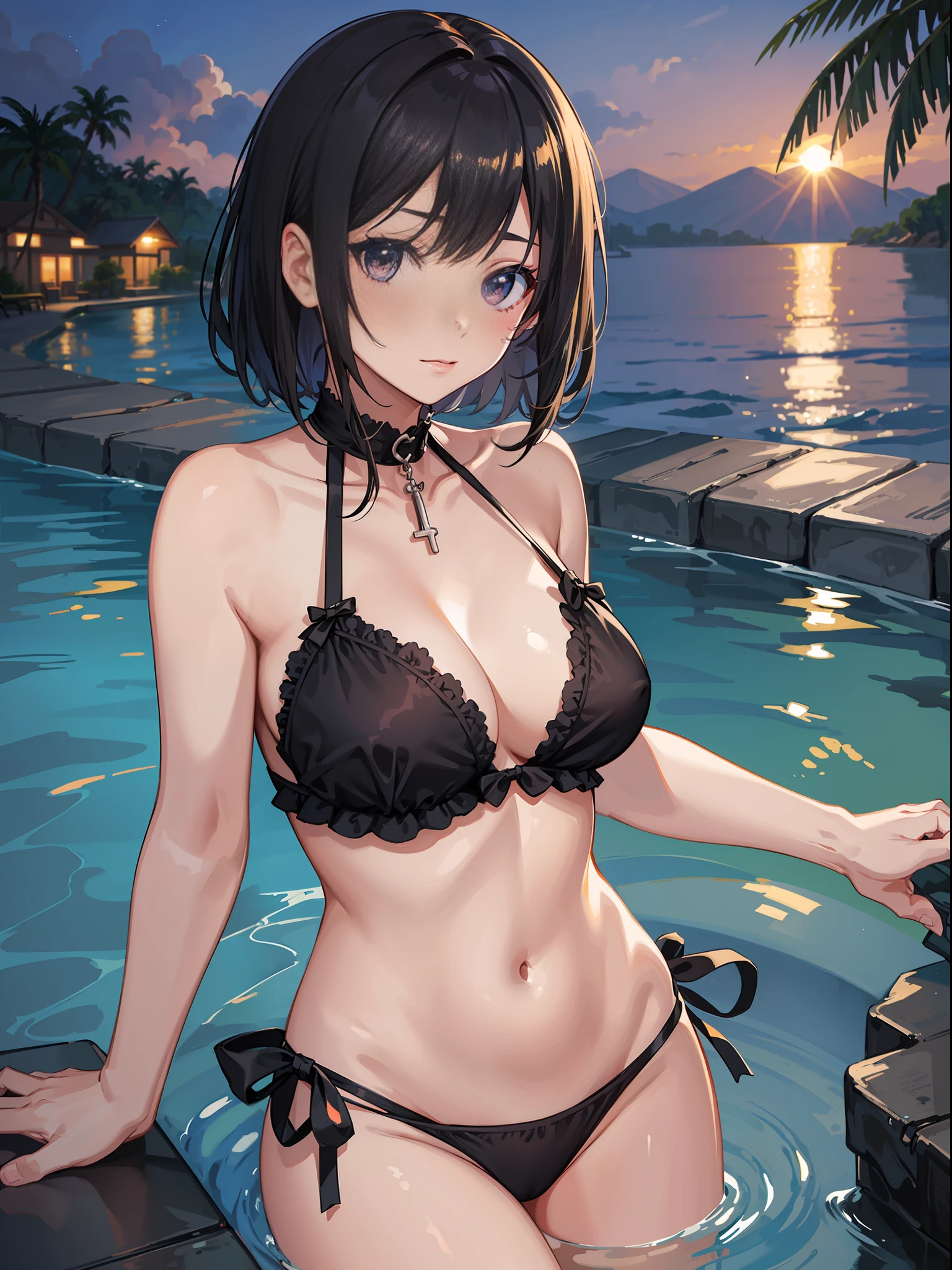 {Slender Beautiful Girl}, Maid Swimsuit, High Resolution, Top Quality, Super Detail, Wedge, Fine Details, No Blushing, Night Pool, Beach, Black Hair, Bob Cut
