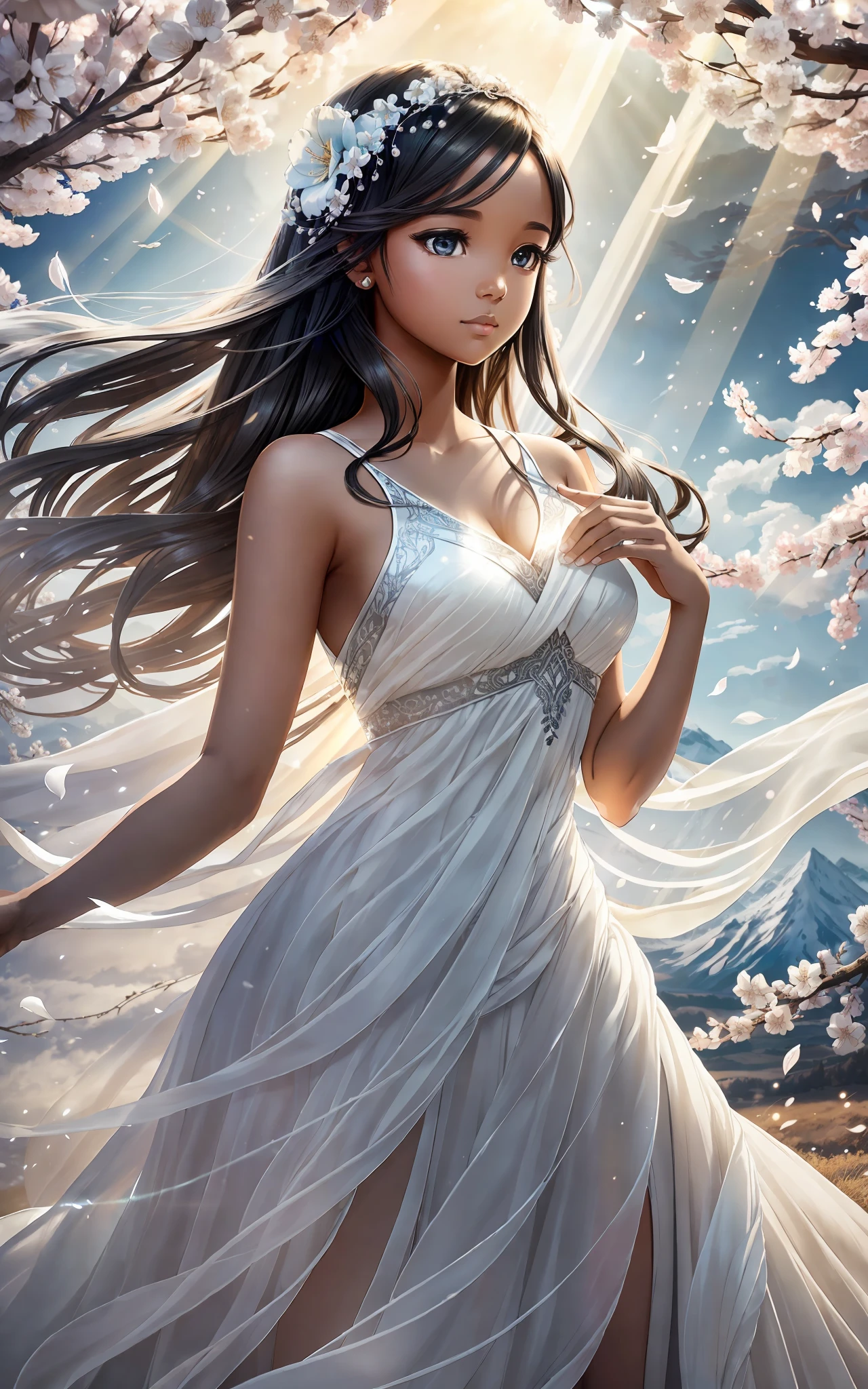 award winning 64k concept art of (black 1girl:1.2) in white majestic open dress standing proudly in the mountains under sakura tree, posing, epic, god rays, centered, (masterpiece:1.2), (best quality:1.2), Amazing, highly detailed, beautiful, finely detailed, warm soft color grading, Depth of field, extremely detailed 64k, fine art, stunning, iridescent, shiny, (light reflections:1.2), (crisp:1.5), silver curls, wind, vibrant, sunlit, (edge detection:1.2), absurdres, by Katie Daisy, impressive, 120mm