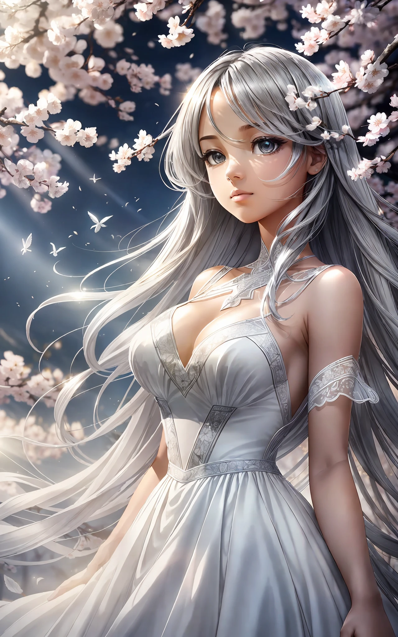award winning 64k concept art of (black 1girl:1.2) in white majestic open dress standing proudly in the mountains under sakura tree, posing, epic, god rays, centered, (masterpiece:1.2), (best quality:1.2), Amazing, highly detailed, beautiful, finely detailed, warm soft color grading, Depth of field, extremely detailed 64k, fine art, stunning, iridescent, shiny, (light reflections:1.2), (crisp:1.5), silver curls, wind, vibrant, sunlit, (edge detection:1.2), absurdres, by Katie Daisy, impressive, 120mm