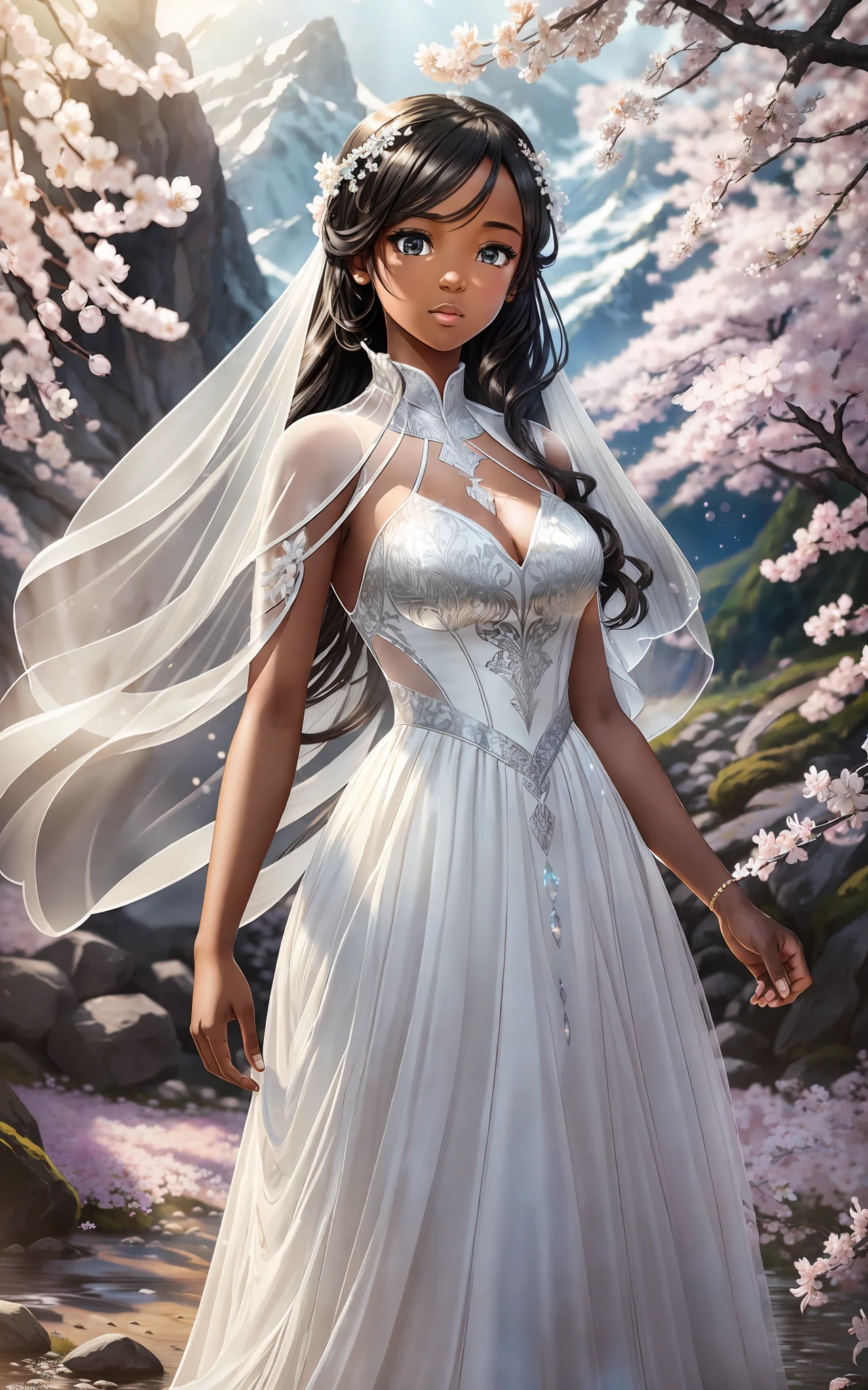 award winning 64k concept art of (black 1girl:1.2) in white majestic open dress standing proudly in the mountains under sakura tree, posing, epic, god rays, centered, (masterpiece:1.2), (best quality:1.2), Amazing, highly detailed, beautiful, finely detailed, warm soft color grading, Depth of field, extremely detailed 64k, fine art, stunning, iridescent, shiny, (light reflections:1.2), (crisp:1.5), silver curls, wind, vibrant, sunlit, (edge detection:1.2), absurdres, by Katie Daisy, impressive, 120mm