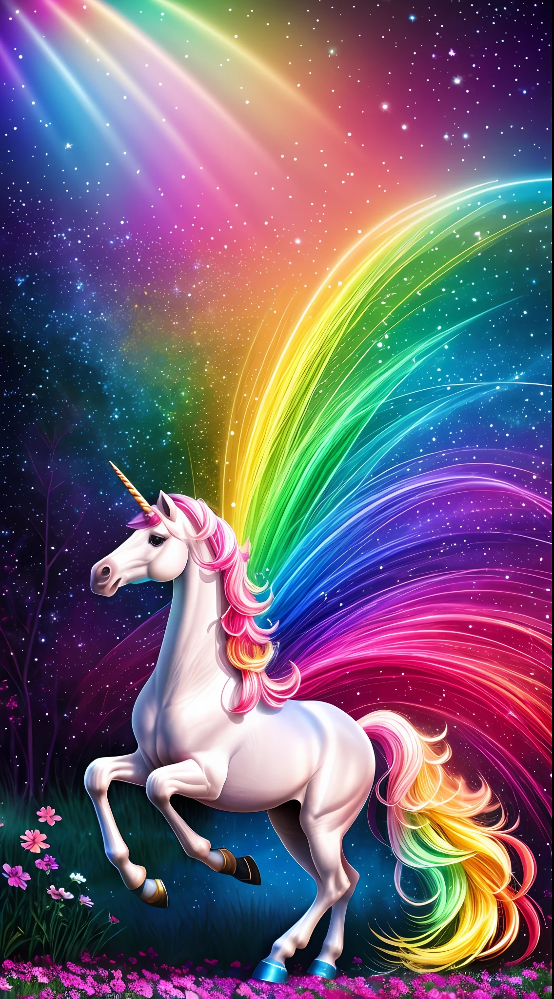 extremely detailed wallpaper, magical world of a 5-year-old child full of unicorns filhtes, rainbows and stars, dynamic pose, spring, morning, light beams, flowers, The illustration is colorful and vibrant, with charming details in each element. Unicorns are depicted with colorful manes and friendly expressions, while rainbows are bright and full of vivid hues. The twinkling stars add a touch of magic to the scenery(intricate details:1.12), hdr, (intricate details, hyperdetailed:1.15), (cinematic look:1.4), soft tones, insane details, intricate details, hyperdetailed, low contrast, soft cinematic light,exposure mix, hdr, faded, colorful cartoon atmosphere