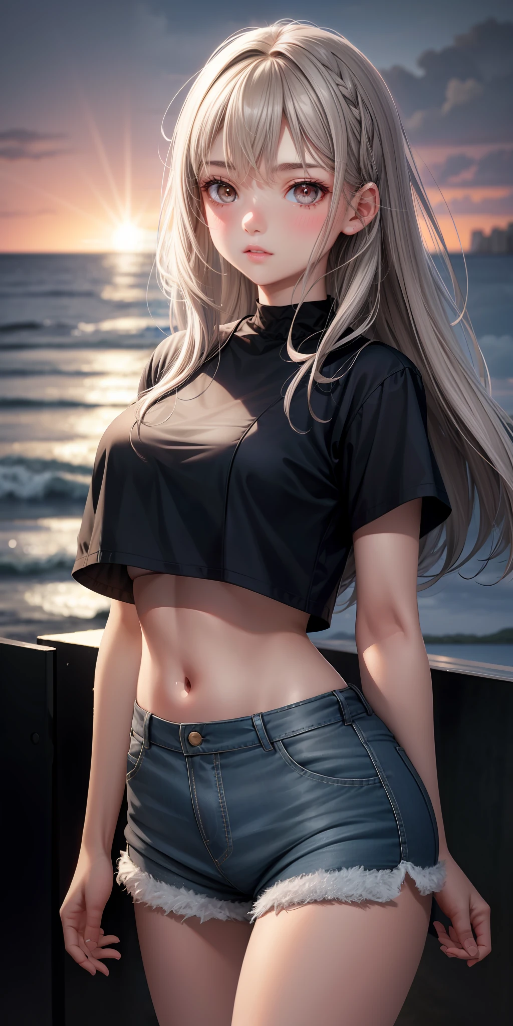 real, 1girl, gray hair, light brown eyes, glowing eyes, crop top, shorts, parted lips, blush, glowing night sky, seaside