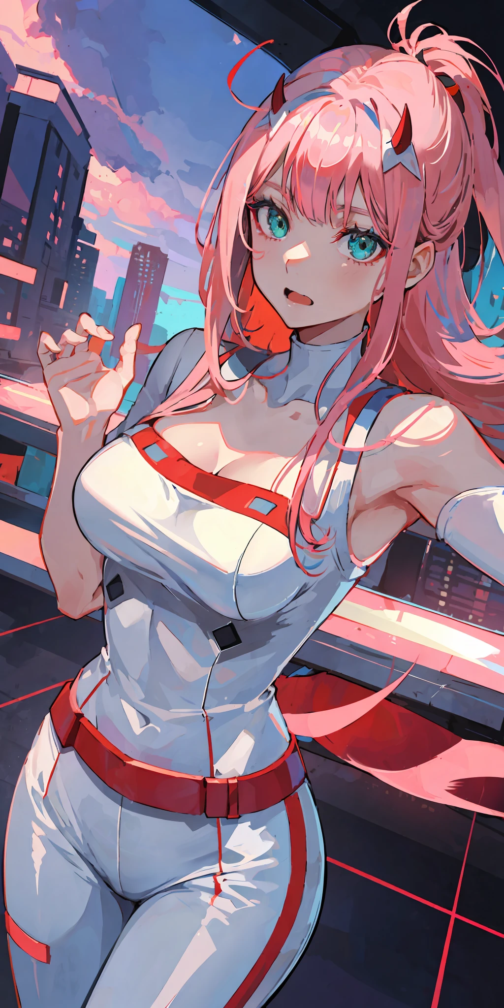 zero two \(darling in franxx\), darling in franxx, 1girl, bangs, bite, shadow, green eyes, hair behind head, horns, long hair, looking at the viewer, big thighs, makeup, small breasts, , white shirt, red pants, pink hair, red eyeshadow, science fiction, tight skin, solo
