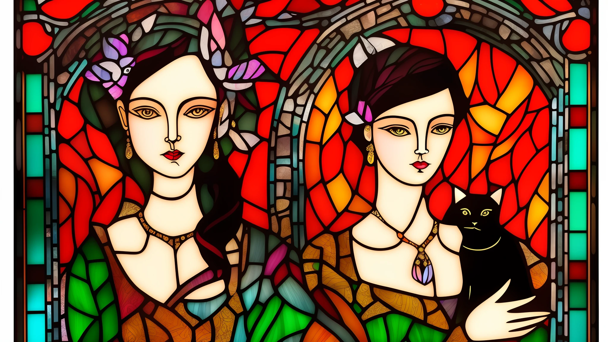 (fantasy portrait) (woman and cat), (stained glass effect), (nothingness background),(batik style), vibrant colors