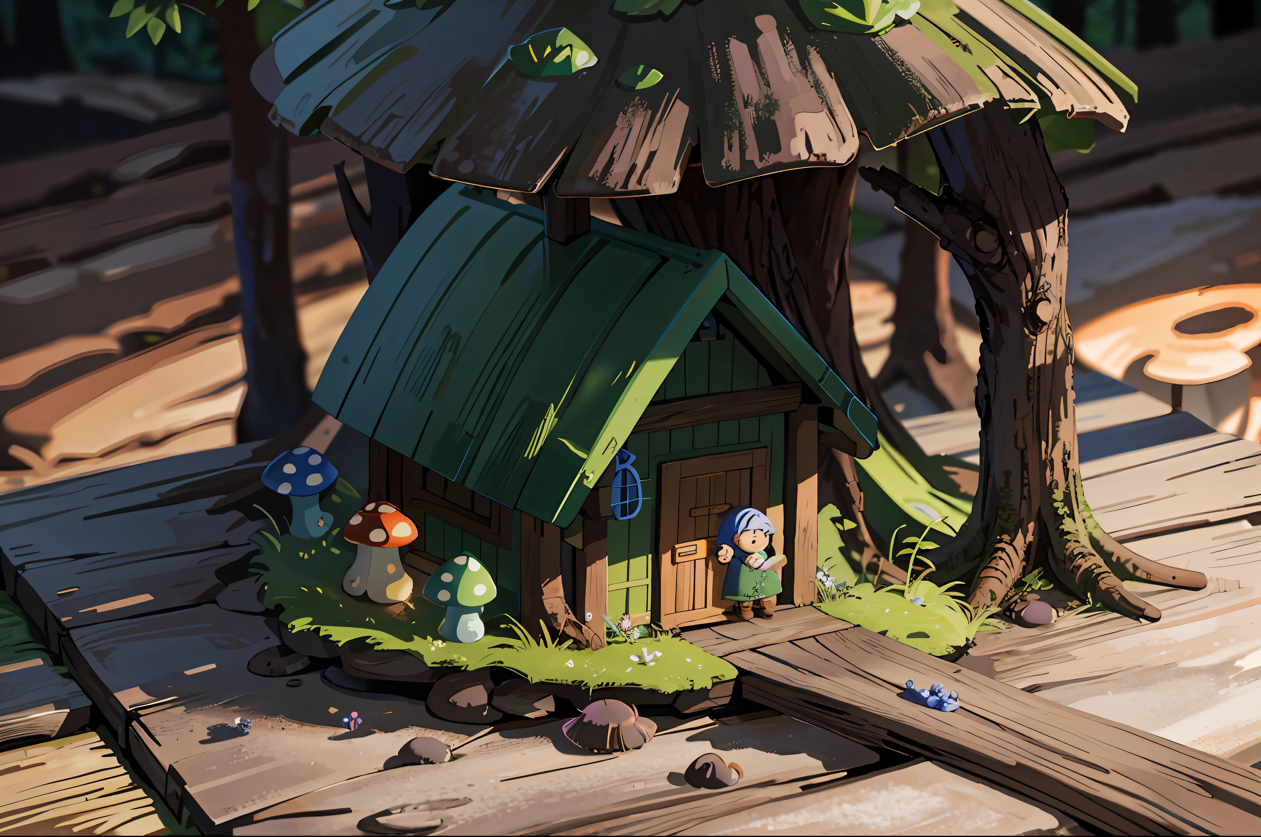 masterpiece, macro photograph of a tiny gnome house in a forest, dusk, mushrooms, dewdrops, high contrast, studio ghibli style, highly intricate, highly detailed, photorealism style