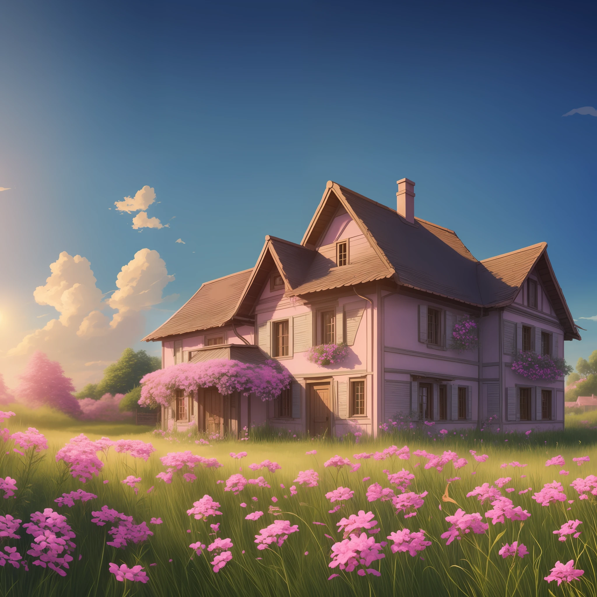(Blue Sky), (Sun), House Background, Cottage Core, Igor Grabal, 4k highly detailed digital art, inspired by Yevgeny Lushpin, 4k matte Thomas Kincaid, cottage core!, beautiful digital painting, idyllic cottage, anime background art