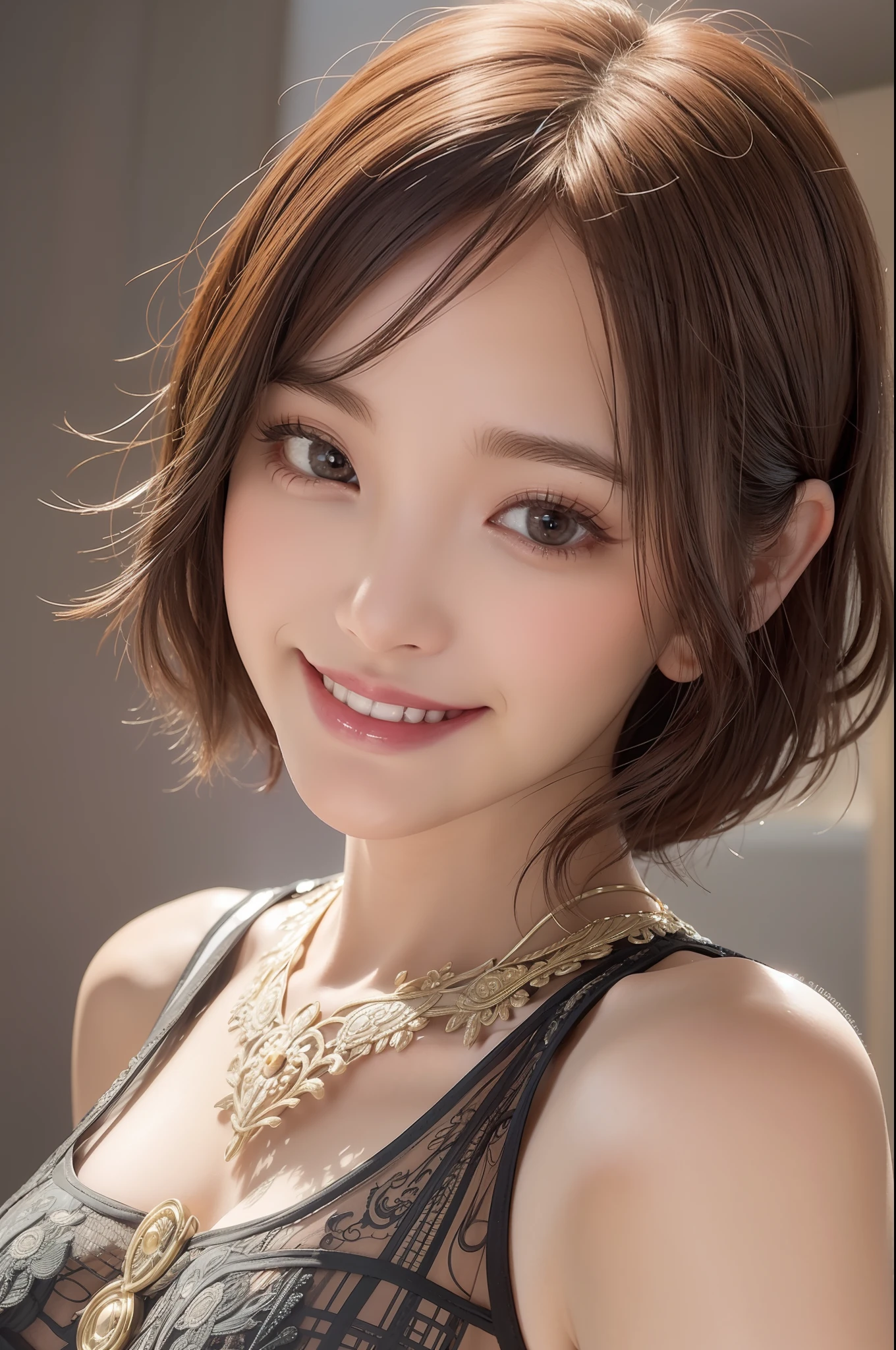 20 year old surreal idol, sleeveless maxi dress, smiling smile, short layer hair, RAW,(8k, best quality, masterpiece:1.2),(intricate detail:1.4),(photorealistic:1.4),octane rendering, complex 3d rendering ultra detail, studio soft light, rim light, vivid detail, ultra detail, realistic skin texture, detail face, beautiful detail eyes, very detailed cg unity 8k wallpaper, makeup, (detailed background:1.2),