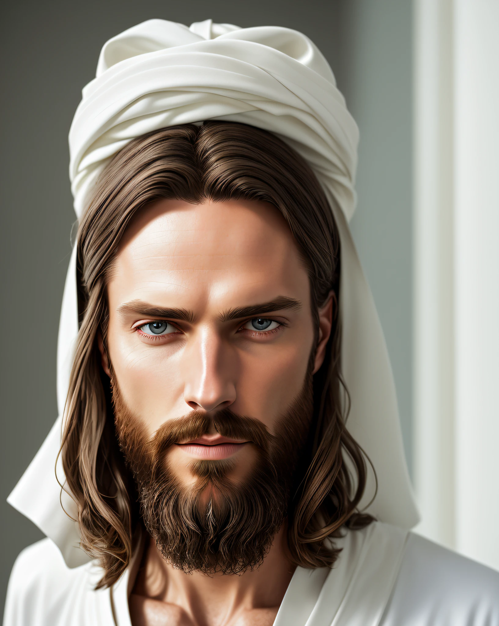 (symmetry),centered,a ((close)) up portrait,(Jesus),a very thin white man with long hair and a beard,wearing a long white robe,35mm,natural skin,clothes  detail, 8k texture, 8k, insane details, intricate details, hyperdetailedhighly detailed,realistic,soft cinematic light,HDR,sharp focus, ((((cinematic look)))),intricate, elegant, highly detailed