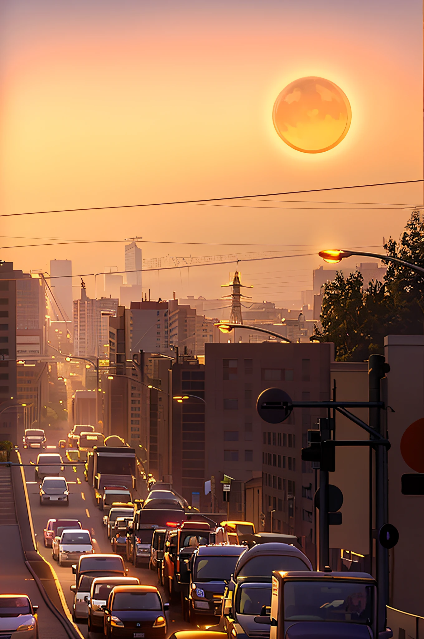 cars are driving down a busy street at sunset with a city in the background, city sunset, vista of a city at sunset, sun and shadow over a city, sunrise over solar punk city, warm sundown, in a sunset haze, industrial fires and smog, golden hour in beijing, suns, city morning, sunrise over solarpunk city, sweltering, 4 0 9 6