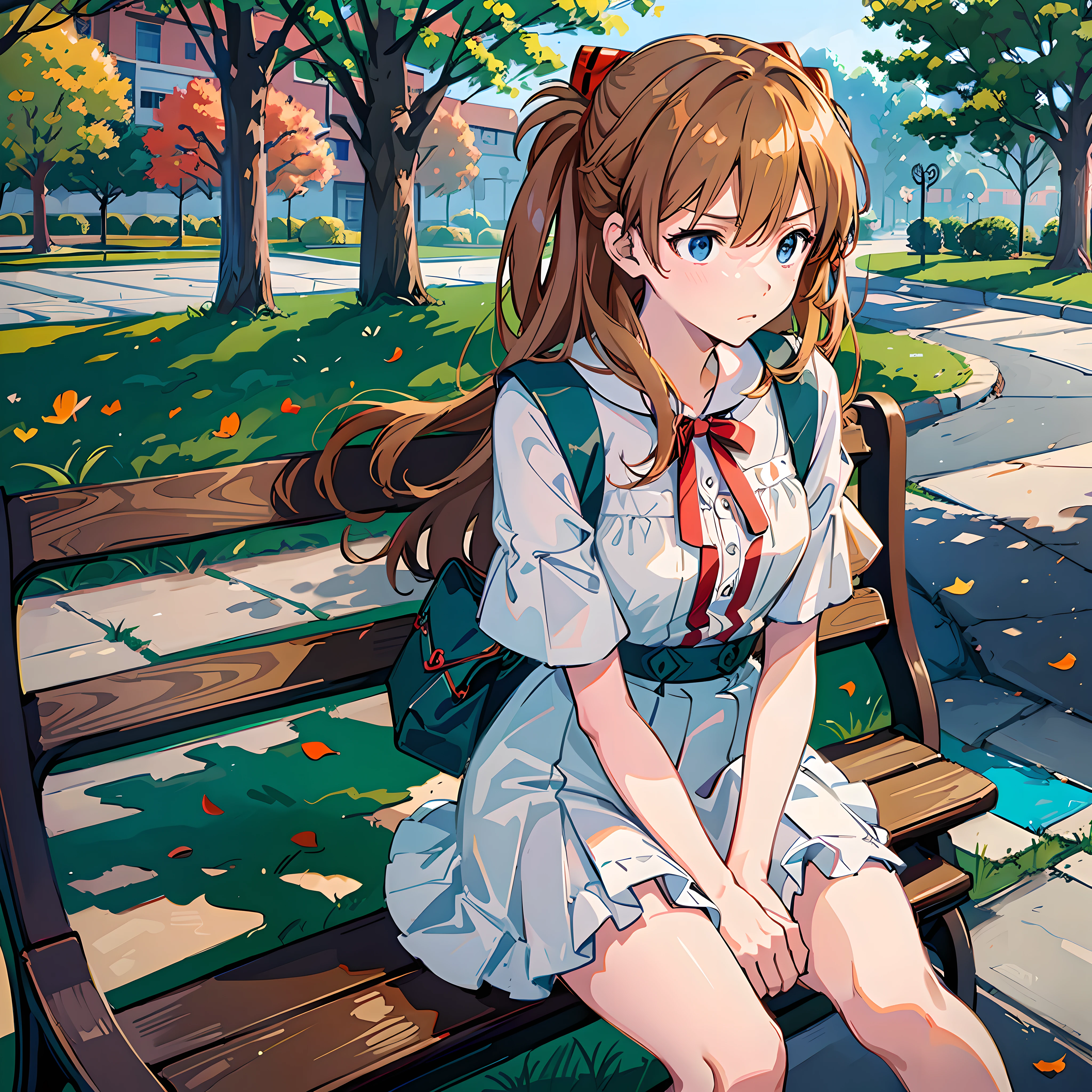 (Masterpiece, best quality), Asuka, 1 girl, hair fluttering in the wind, tsundere expression, wallpaper, park background, wink, white dress, sitting on a park bench, close-up, character in the middle, warm tone, minimalist, --v6