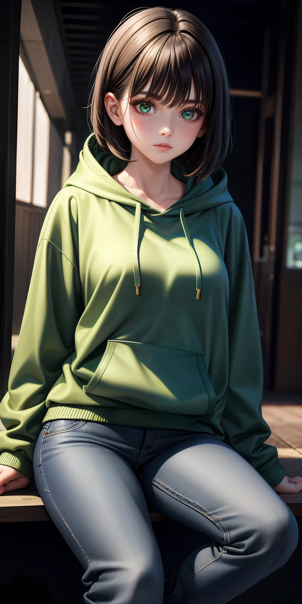 1girl, green eyes, full body, very short brown hair, big boobs, white skin, hoodie, jeans, long eyelashes, eyeshadow,  small face, big eyes