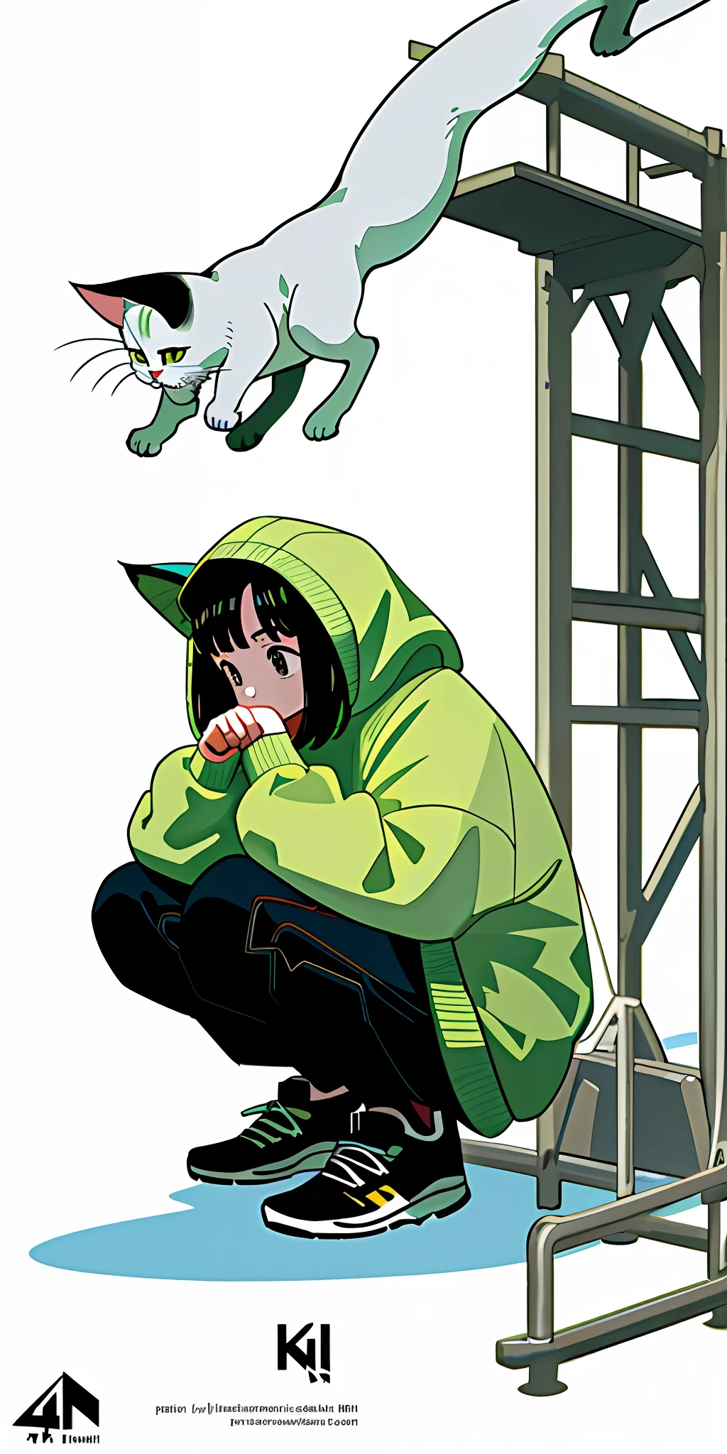 Masterpiece, 1girl, squat, sweatshirt, cat, park, graphic design, minimalist style, white background, logo, clear, 4K