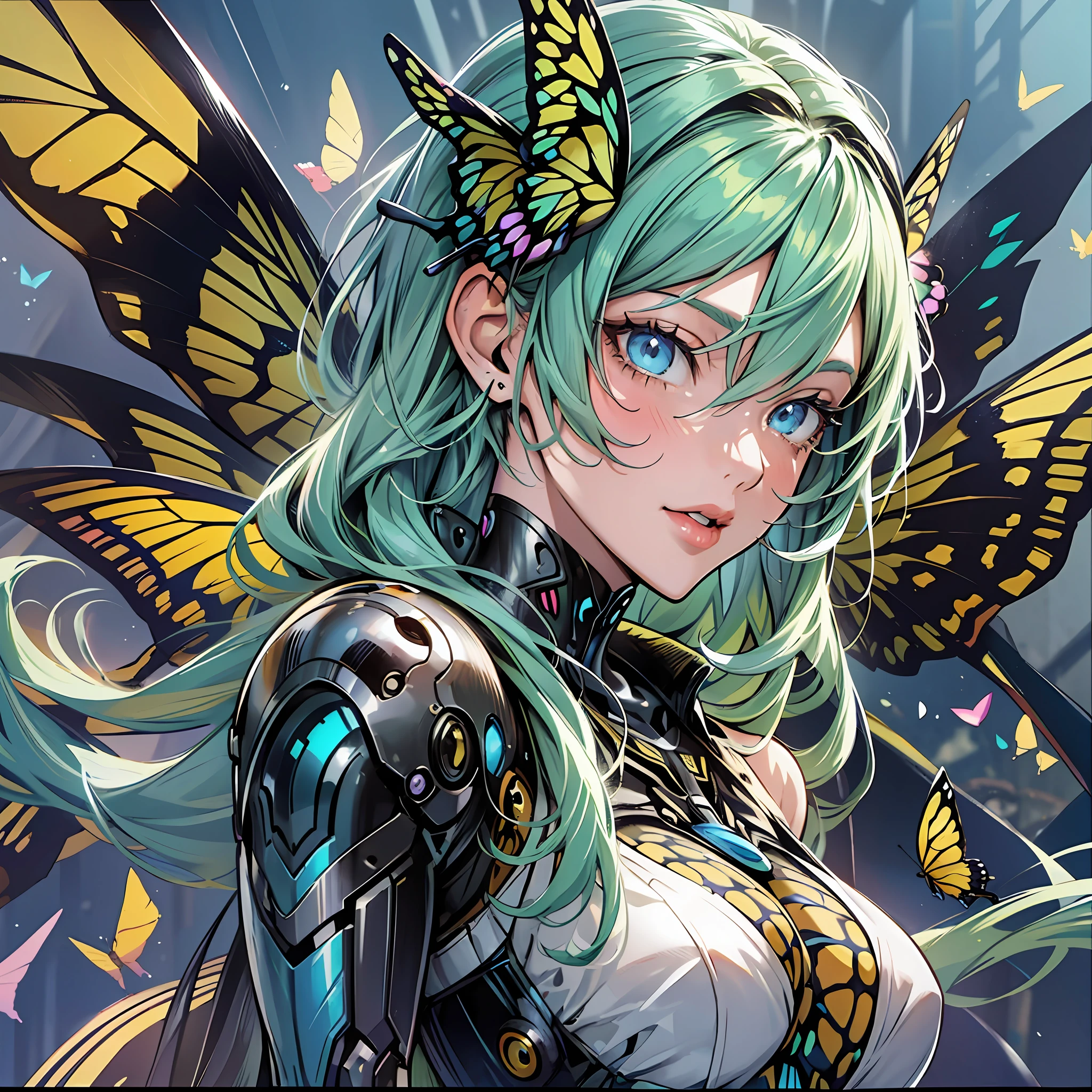 Close up portrait of woman in swallowtail butterfly color costume, best anime 4K wallpaper, cyberpunk butterfly, mechanized Valkyrie girl, biomechanical, human structure bee concept art, highly detailed Artgerm based on butterfly, cyborg man butterfly, anime style 4K, insect trainer girl, butterfly,