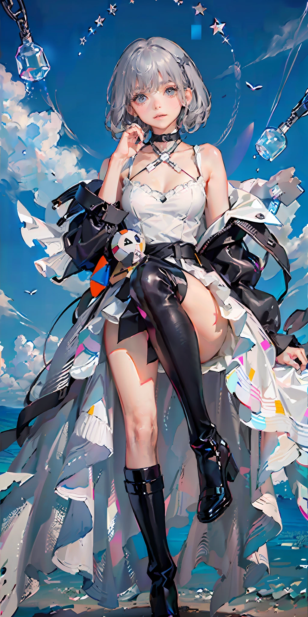 (highest quality), (masterpiece), (super detailed), (eye detail: 1.0), (lens flare: 1.0), (movie poster: 1.0), (tarot border: 1.0), portrait centered, (close-up: 1.0), a girl, solo, ((grey eyes)), (messy short grey hair), medium breasts, (collarbone, groin, narrow waist, slender, thin), (pink lips), grey hair, white dress, simple background, lift dress, black collar, science fiction, black knee-length boots, (spread legs, white panties, bend legs to chest)